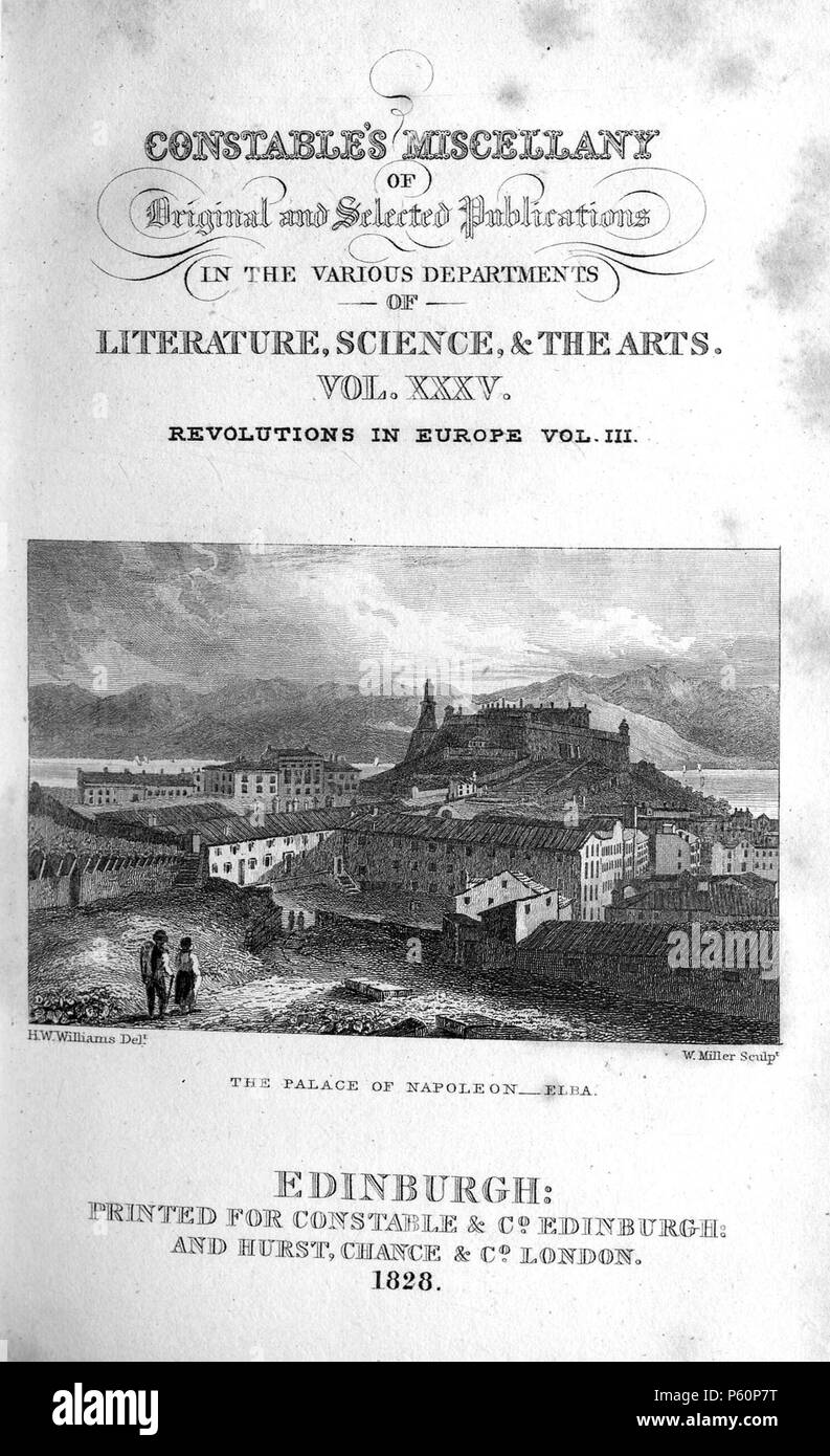 N/A. The Palace of Napoleon - Elba, engraved by William Miller after H W Williams from 'Constable's Miscellany of Original and Selected Publications in the Various Departments of Literature, the Sciences & the Arts: Volume XXXV Revolutions in Europe Vol III' (Edinburgh Printed for Archibald Constable & Co, and Hurst, Robinson & Co, London 1828) . 1828.   William Miller  (1796–1882)     Alternative names William Frederick I Miller; William Frederick, I Miller  Description Scottish engraver  Date of birth/death 28 May 1796 20 January 1882  Location of birth/death Edinburgh Sheffield  Authority c Stock Photo