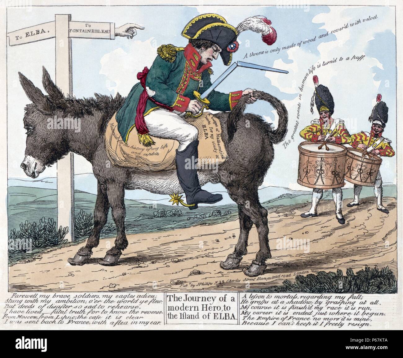 Colour engraving of Napoleon Bonaparte's exile to Elba. Dated 1814 Stock Photo