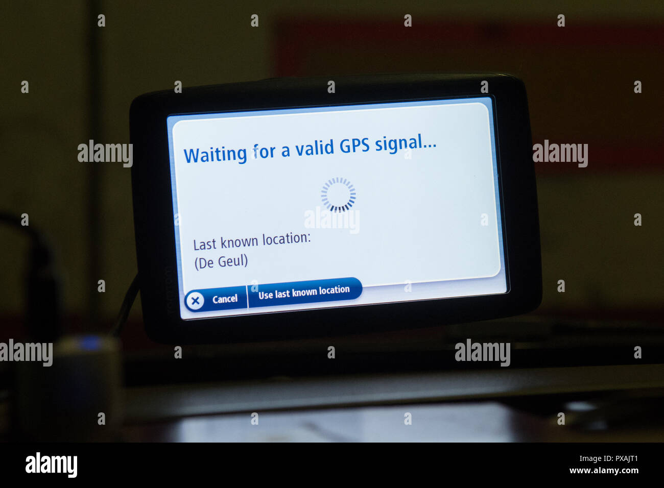 waiting for a valid GPS signal showing on car sat nav Stock Photo