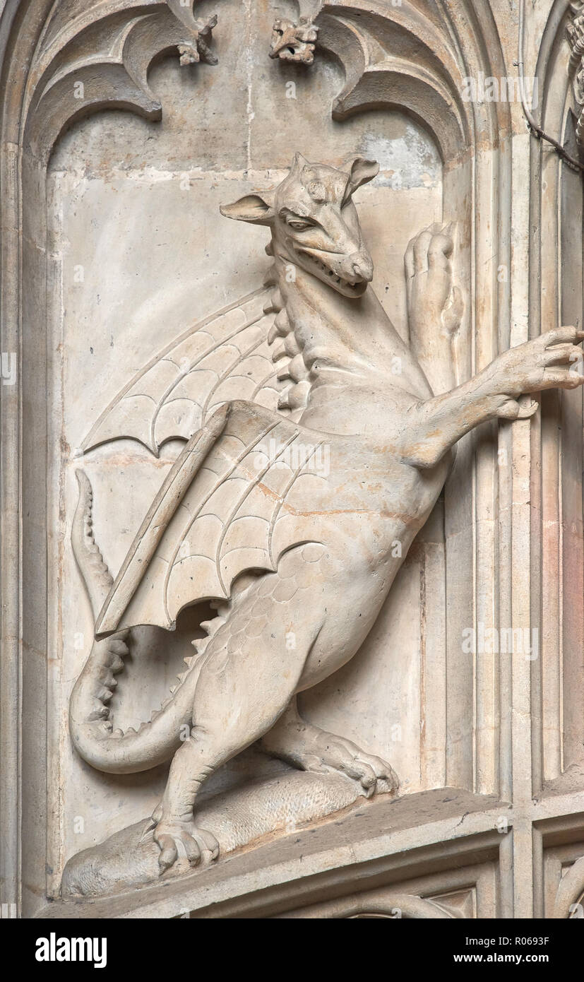 Carved stone royal emblem on the wall of the ante-chapel in the tudor medieval chapel of King's college, university of Cambridge, England. Stock Photo