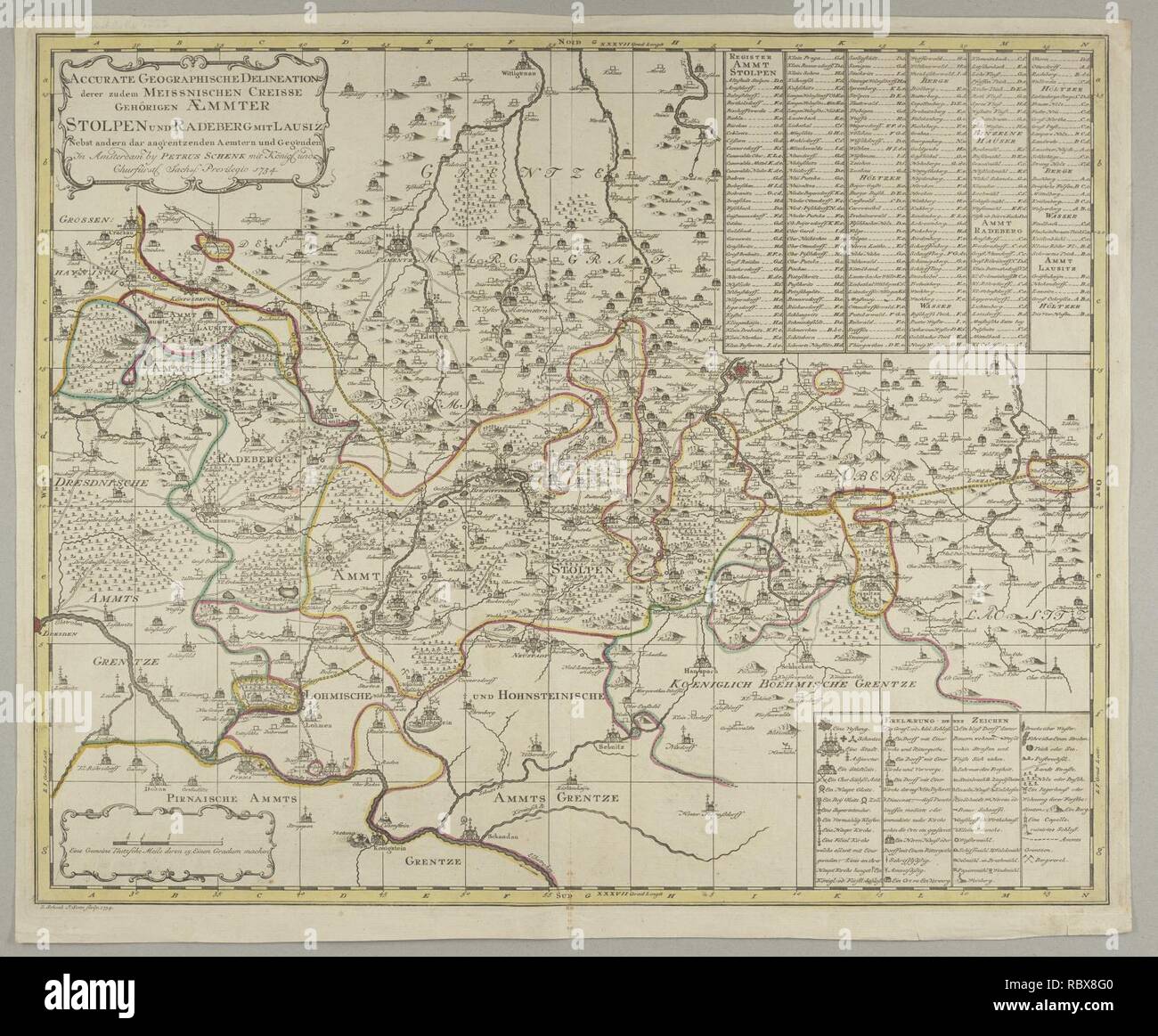 Accurate Geographische Delineation derer zu dem Meissnischen Creisse Gehörigen Aemmter Stolpen Und Radeberg Mit Lausiz. Stock Photo