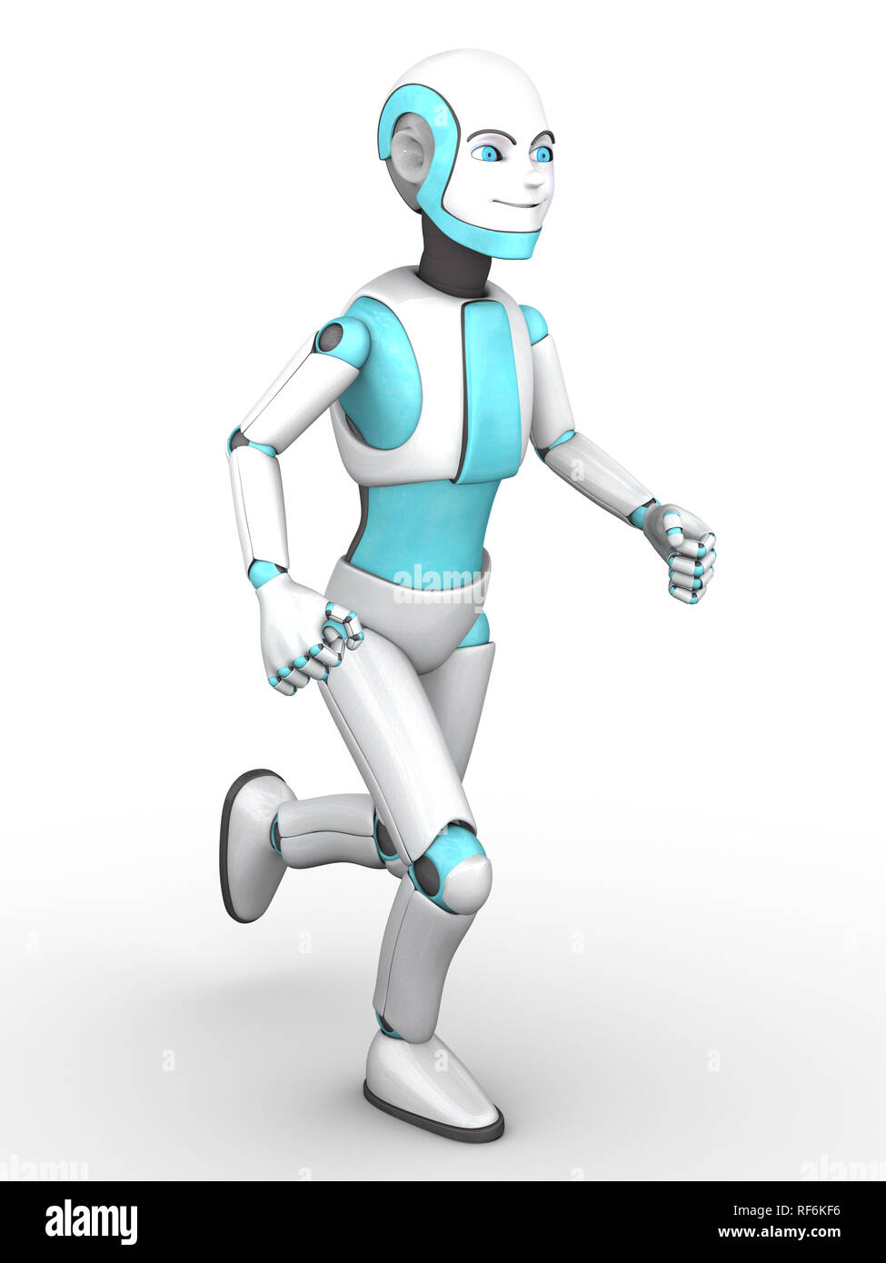 A smiling cartoon robot boy running. White background. Stock Photo