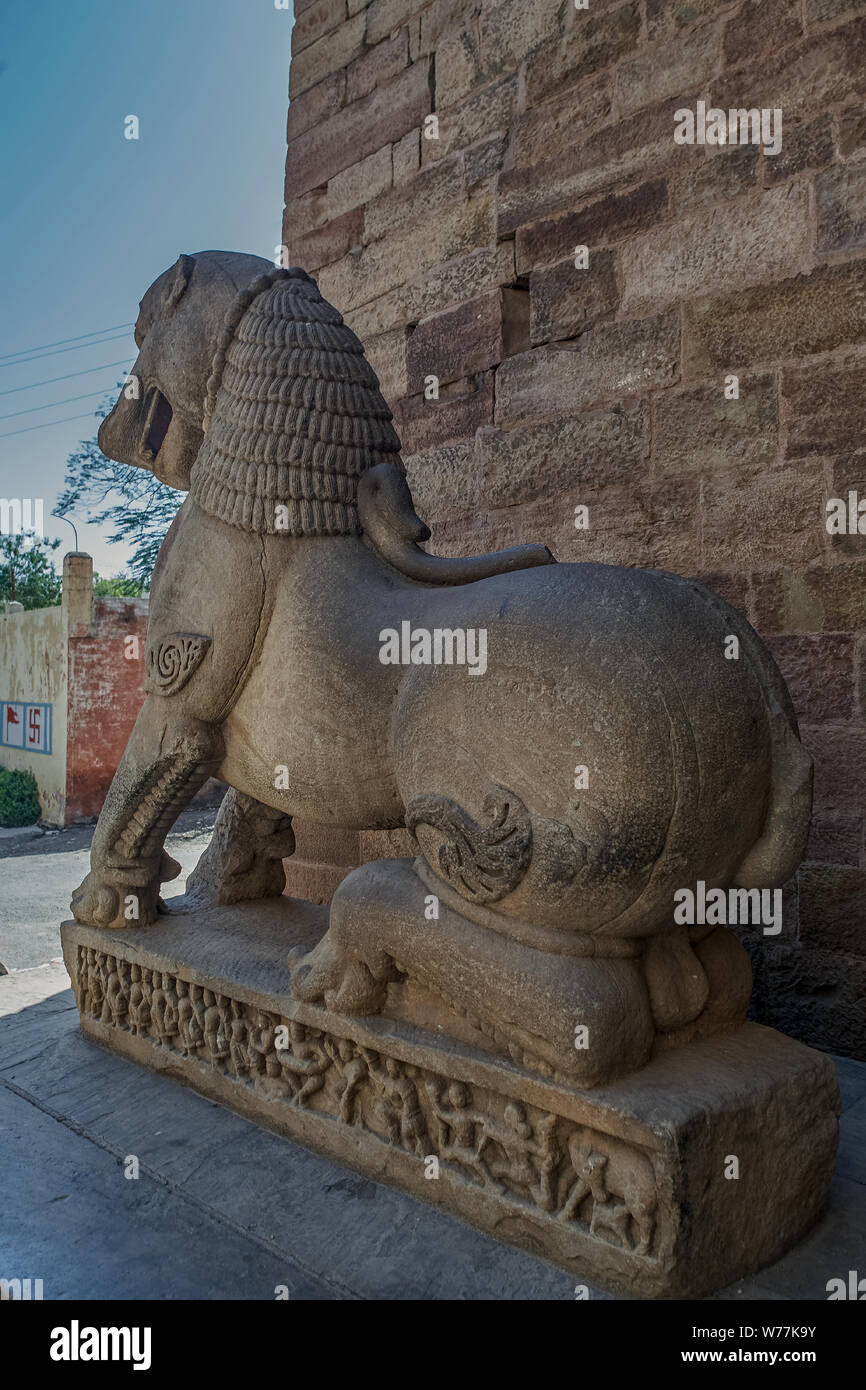 07 Mar 2007 Royal emblem mythological figure , Gujari mahal , Gwalior fort , Madhya Pradesh , India Stock Photo