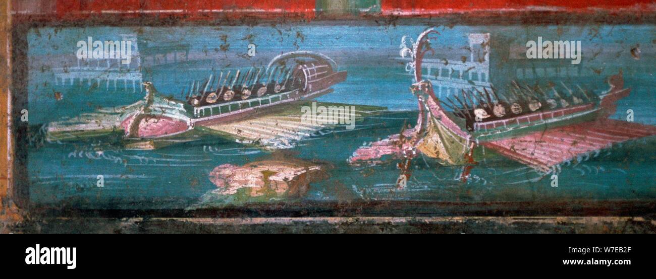 Roman wall-painting of ships carrying soldiers. Artist: Unknown Stock Photo