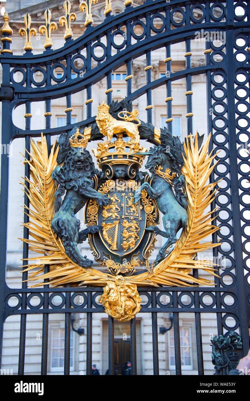 Close up the royal emblem on Buckingham palace entrance door. Stock Photo