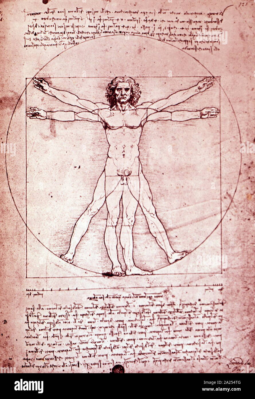 Der vitruvianische Mensch, 1490; Feder und Tinte. Ca. 1514-16. Von Leonardo da Vinci (1452 - 1519), die Italienische Renaissance Universalgelehrten. Der vitruvianische Mensch wird durch Hinweise auf der Grundlage der Arbeit des Architekt Vitruvius begleitet. Die Zeichnung und Text sind manchmal der Kanon der Proportionen oder, weniger häufig, die Proportionen des Menschen genannt Da Vinci war Experte in der Erfindung, Malerei, Architektur, Wissenschaft und Technik als einer der größten Maler aller Zeiten er die Renaissance humanistisches Ideal verkörpert. Stockfoto