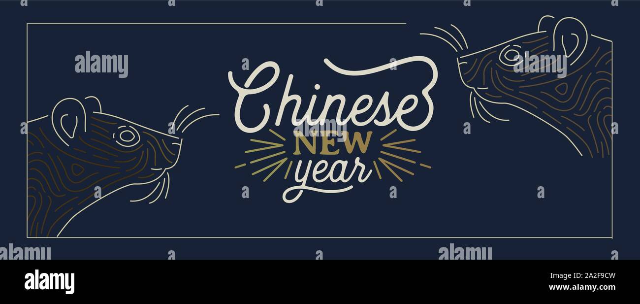 Chinesisches Neues Jahr der Ratte 2020 banner Card, gold Maus Tier in elegante Linie kunst Stil mit festliche Text zitieren. Stock Vektor