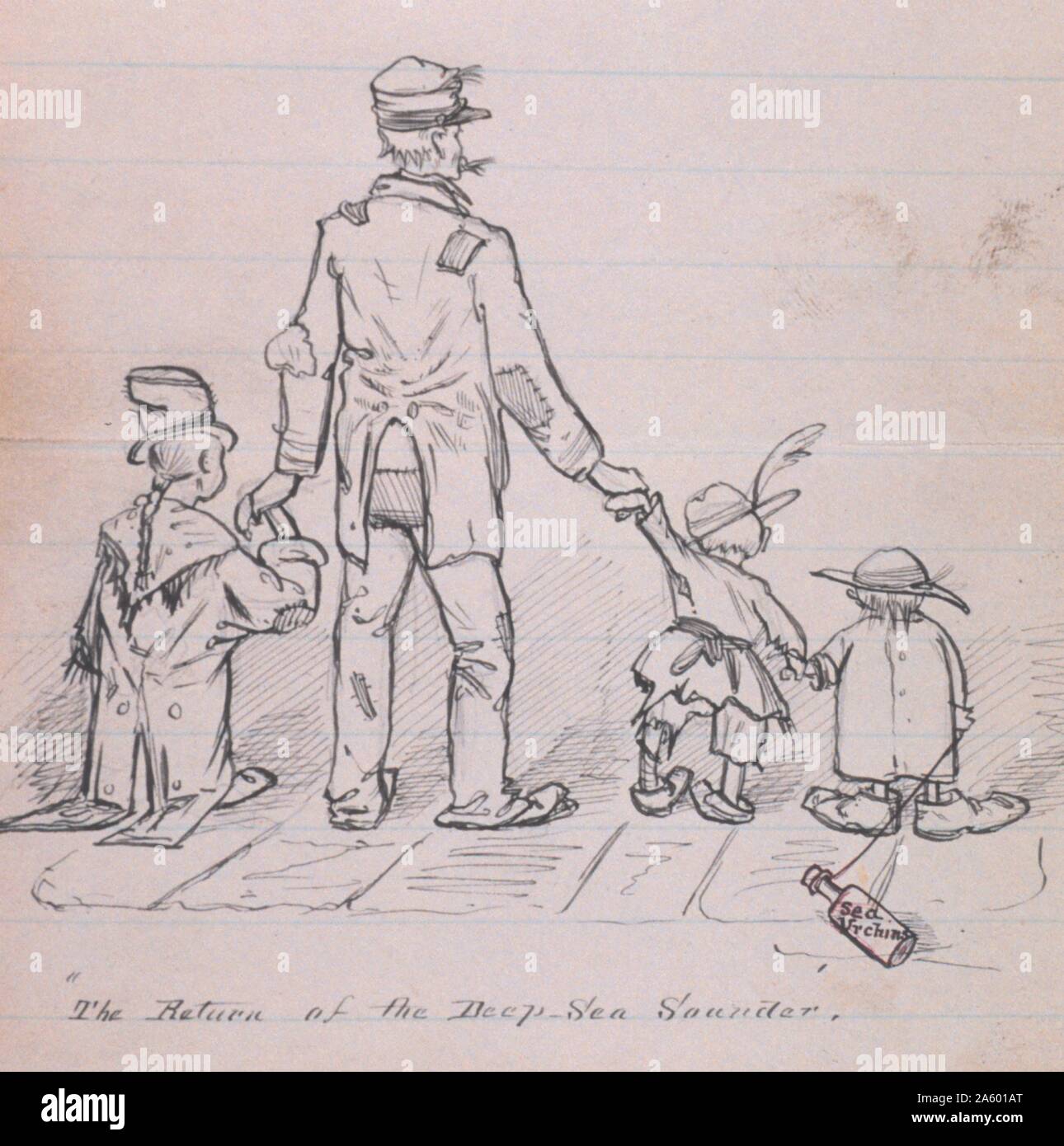 Cartoon Darstellung längere Zeit auf See über die BLAKE und schlechte Zahlen für die Familie zu unterstützen. Von "Schrott Buch hydrographischen Inspektor Office", 1881 Stockfoto