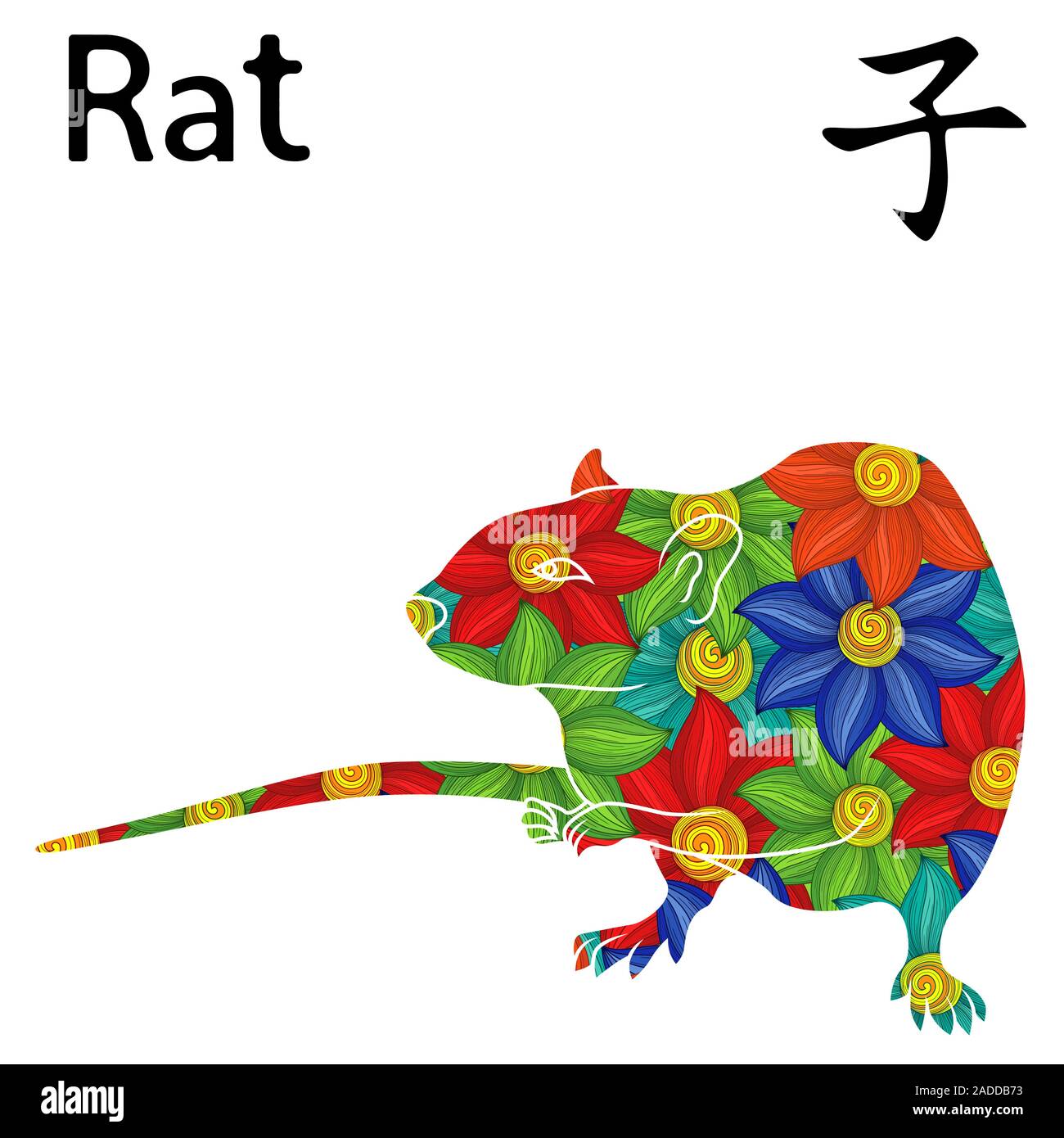 Chinesisches Zeichen Ratte, Symbol für das Neue Jahr auf dem Östlichen Kalender, Vektor Schablone mit bunten Blumen auf weißem Hintergrund Stock Vektor