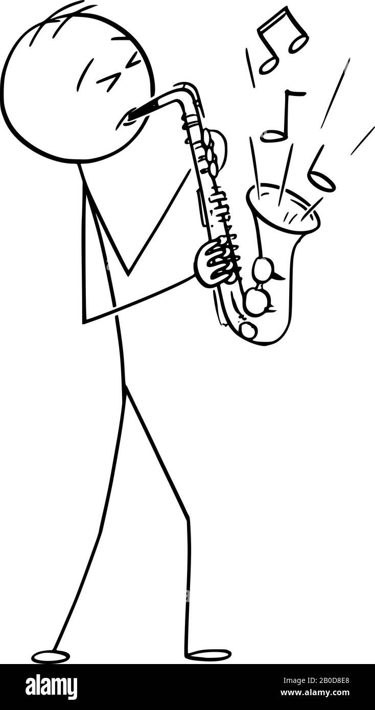 Vector Cartoon Stick Figure Zeichnung konzeptuelle Illustration des Menschen oder Musikers, der Musik auf Saxofon spielt. Stock Vektor