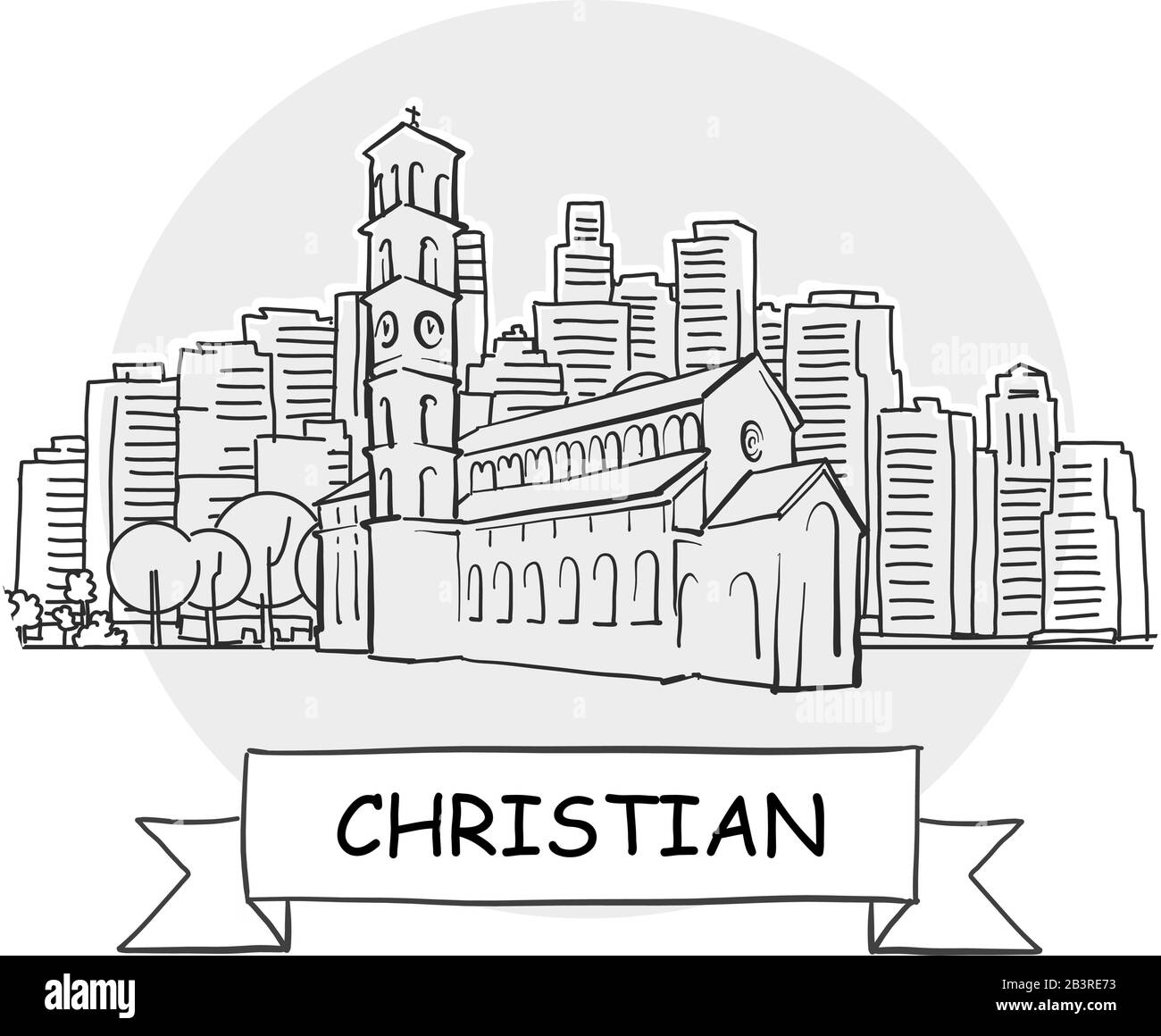 Christian Hand-Drawn Urban Vector Sign. Schwarze Strichzeichnung mit Farbband und Titel. Stock Vektor