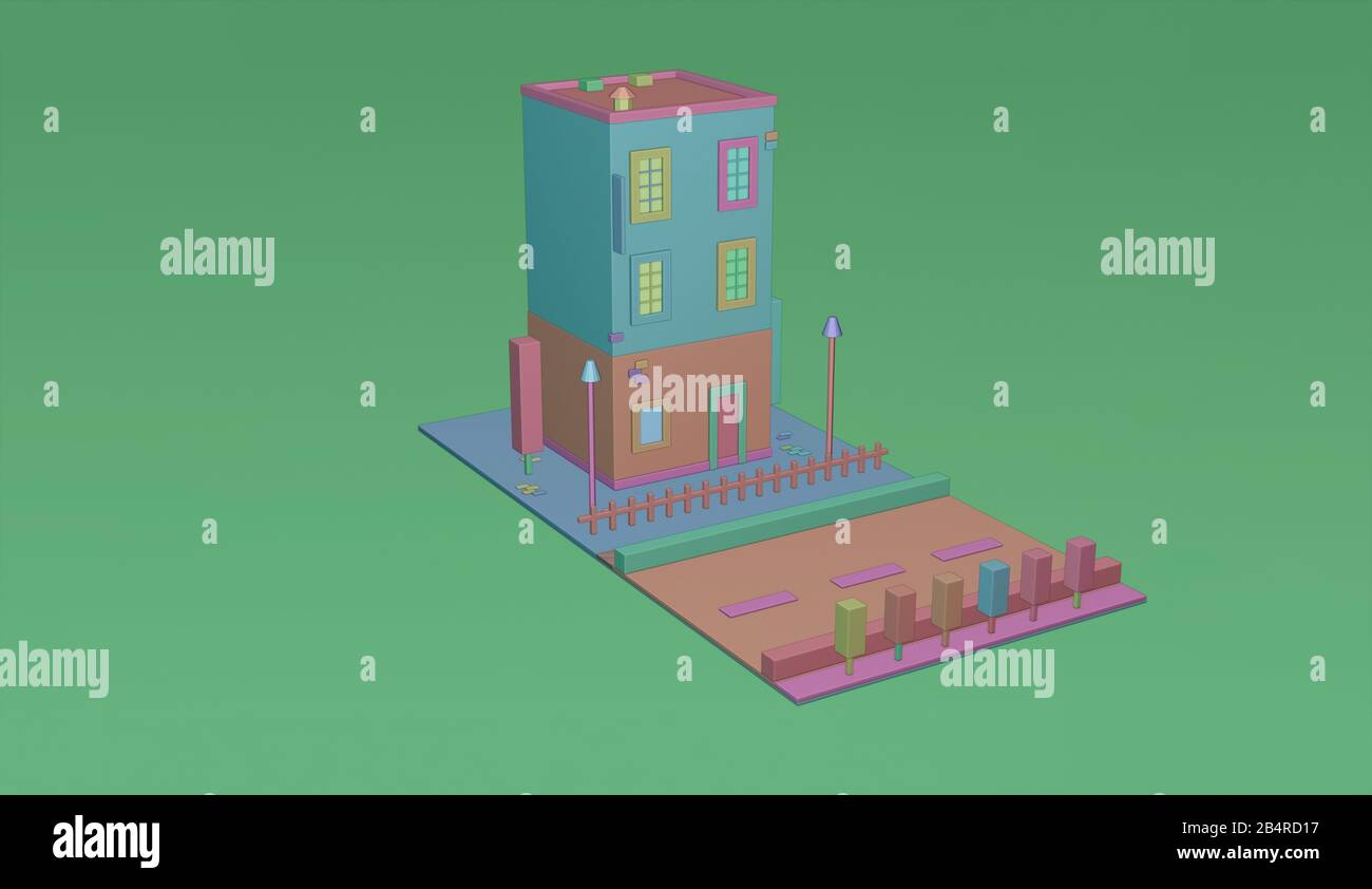 Isometrische Vektorsymbole oder Infografieelemente, die eine flache Stadt mit Gehwegen, Straßen- und Straßenbeleuchtung für die Erstellung von Stadtkarten darstellen. 3D RE Stockfoto