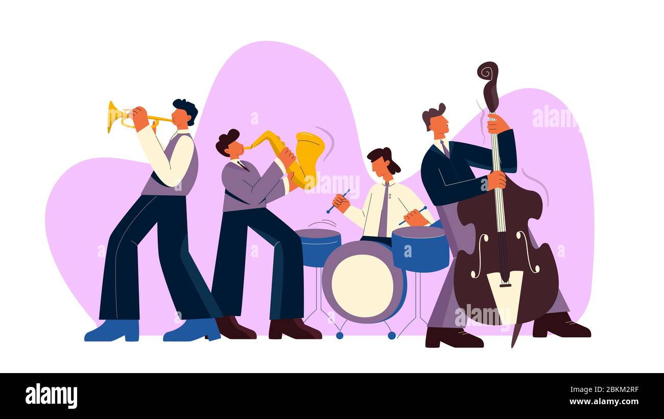 Cartoon Jazz Band spielen Musik auf Saxophon, Trompete, Trommel und Bass Gitarre Vektor flache Illustration Stock Vektor