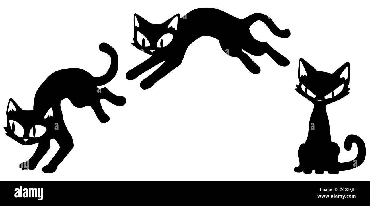 Katze Cartoon Charakter dünn schlank ein springen Posen Schablone schwarz, Vektor-Illustration, horizontal, isoliert Stock Vektor