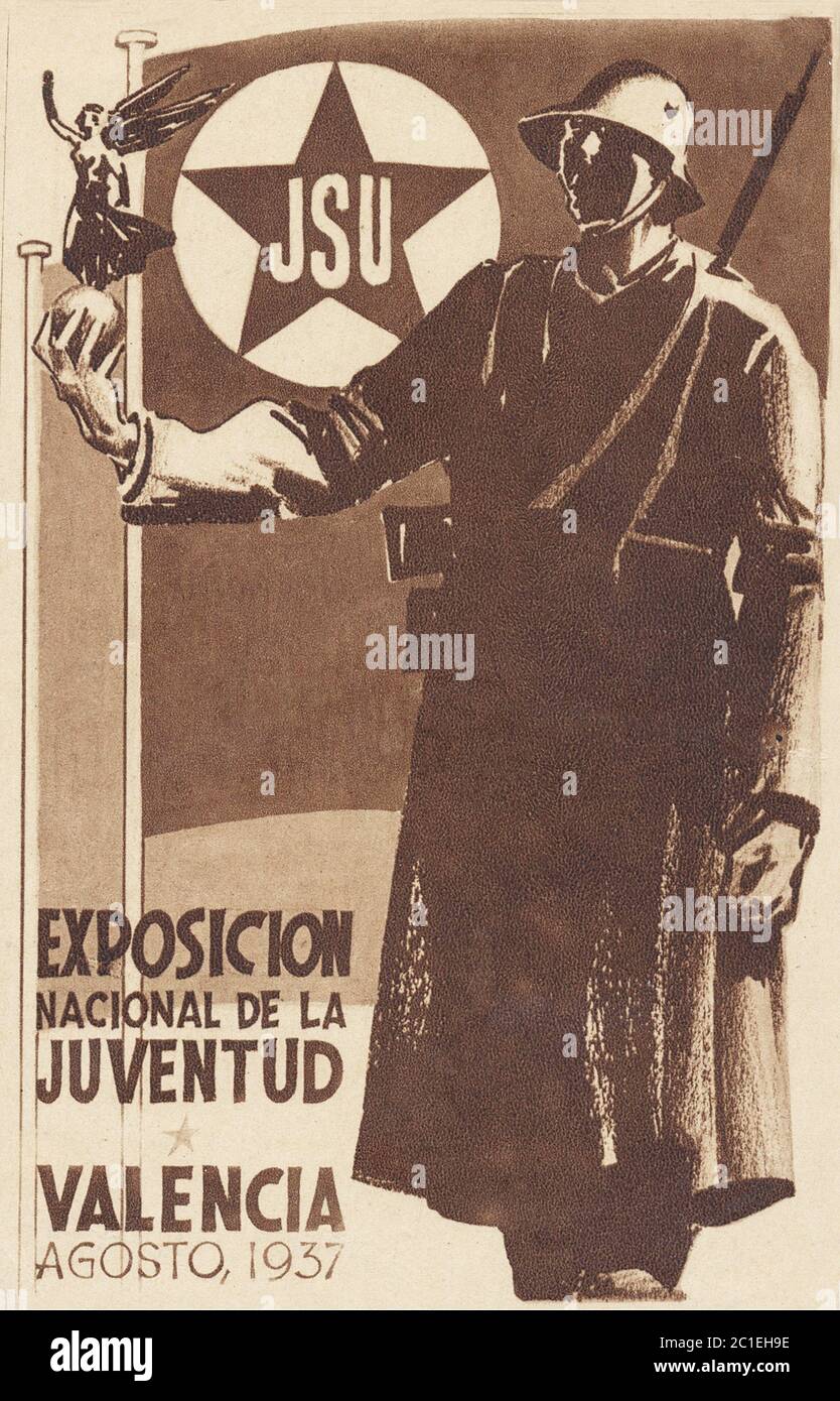 Spanischer Bürgerkrieg 1936/1939, Propagandaplakat der JSU (Vereinigte Sozialistische Jugend) 'Nationale Jugendausstellung Valencia August 1937' Stockfoto