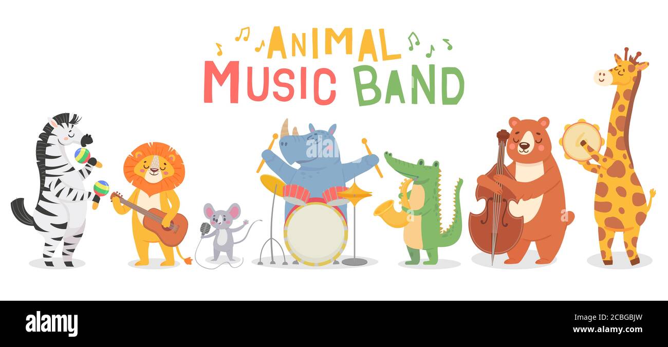 Tierische Musiker Charaktere. Lustige Tiere spielen Musikinstrumente, Musiker mit Gitarre, Sax und Maracas, Violine Kinder Cartoon-Vektor-Set Stock Vektor