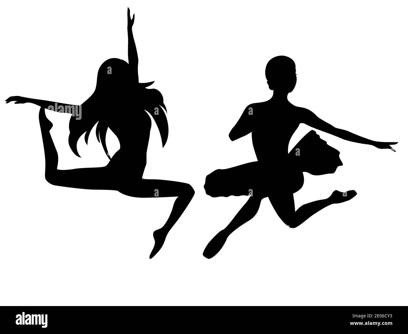 Abstrakte schwarze Schablone Silhouetten von attraktiven schlanken Damen Tänzerin im Sprung, Hand Zeichnung Vektor-Illustration Stock Vektor