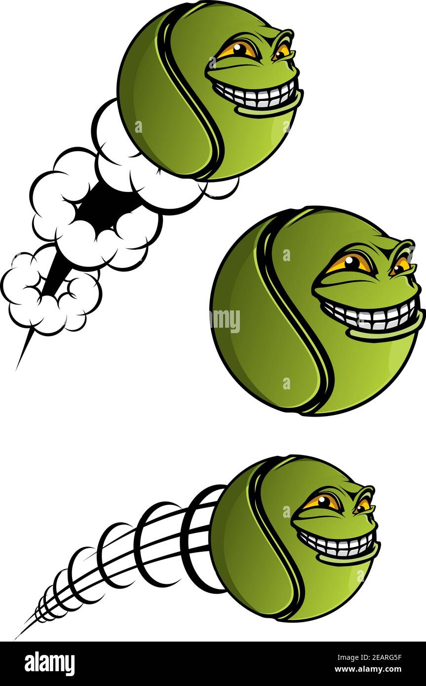 Green Spiteful Cartoon Tennisball mit bösen Grinsen und Bewegungslinien als Symbol oder Maskottchen Design für Sportverein, Team Stock Vektor