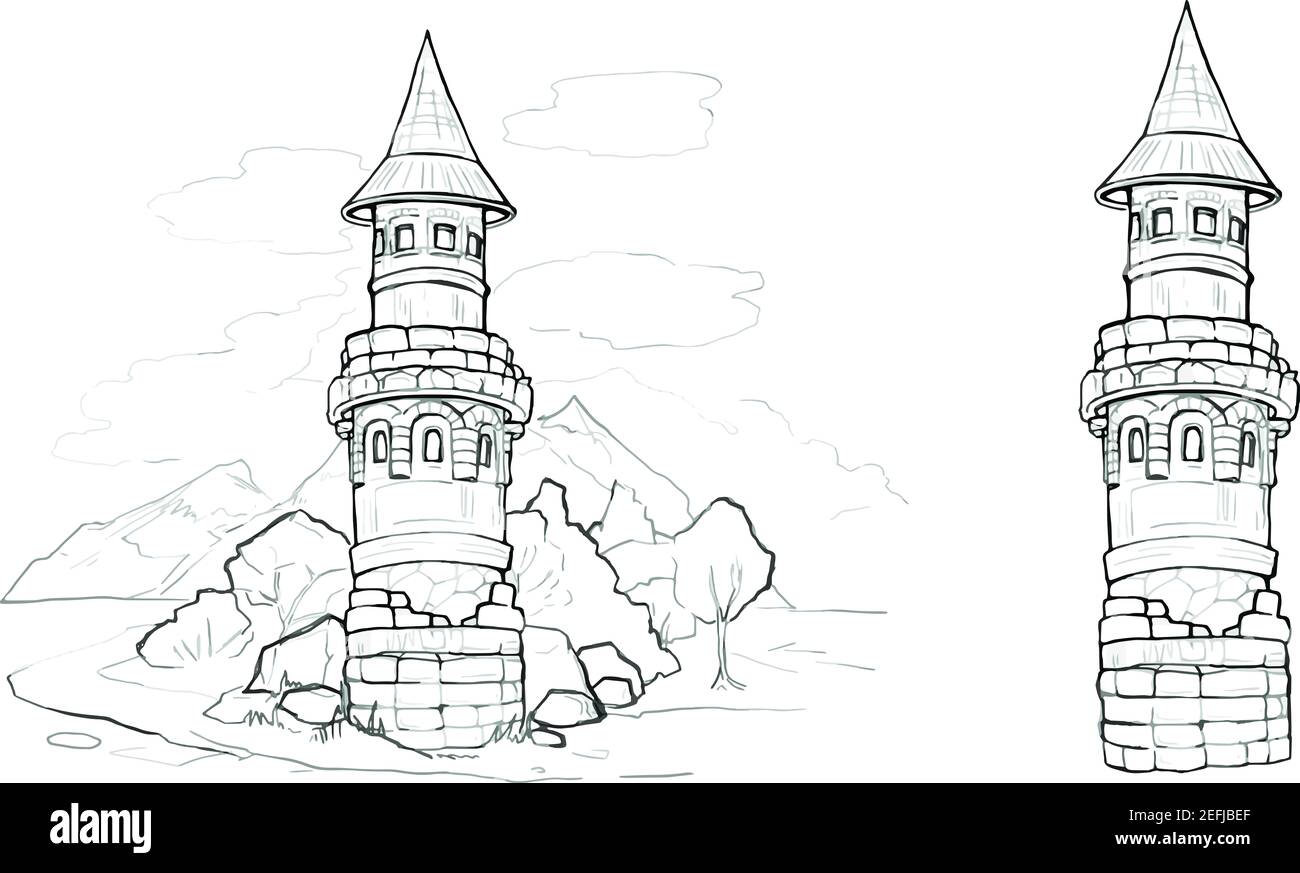 Fairy Tale Castle Umriss Illustrationen gezeichnet schwarzen Turm lineare Freihand Zeichnung Cliparts für die Färbung. Cartoon alten hohen Backsteingebäude, Kinder Stockfoto