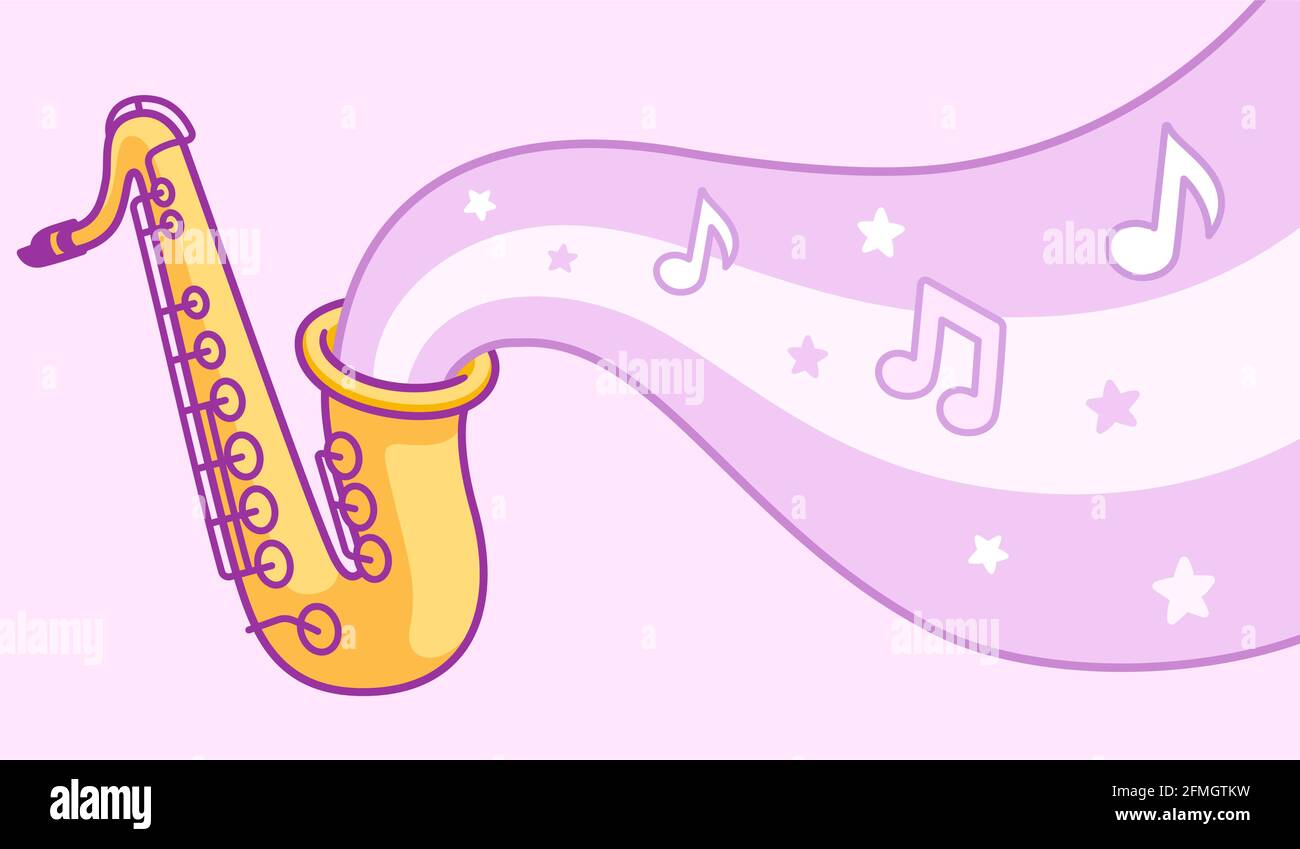 Cartoon-Jazz-Banner oder -Poster mit Saxophon, das Musik, Noten und Stars spielt. Einfache niedliche Zeichnung, isoliert Vektor Clip Art Illustration. Stock Vektor