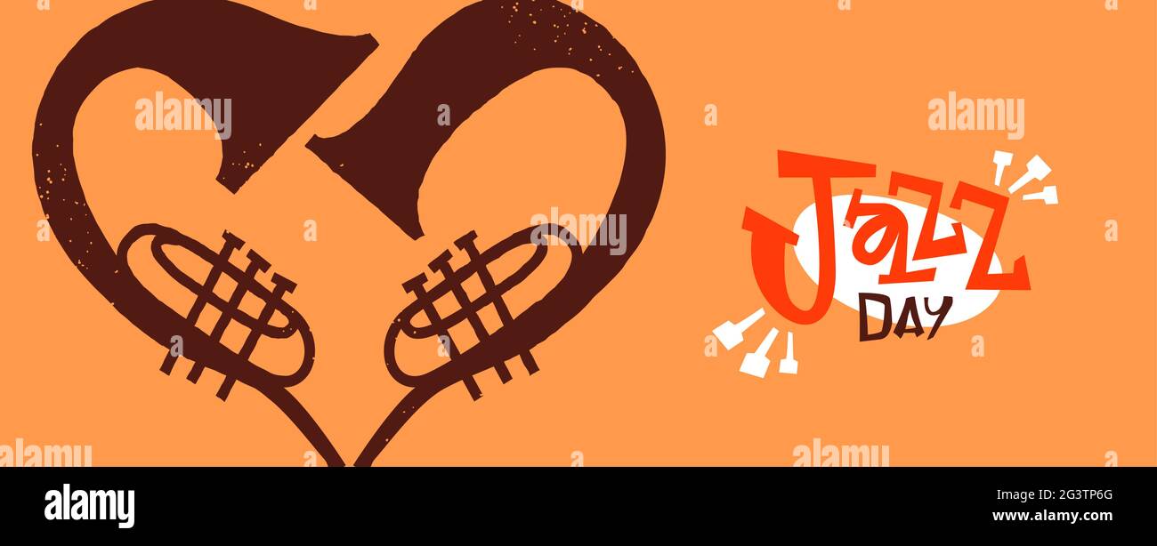 Jazz Day Bannerdarstellung eines Trompeteinstruments, das Herzform macht. Retro Cartoon Band Instrumente Liebe Konzept für april 30 Feiertagsveranstaltung. Stock Vektor