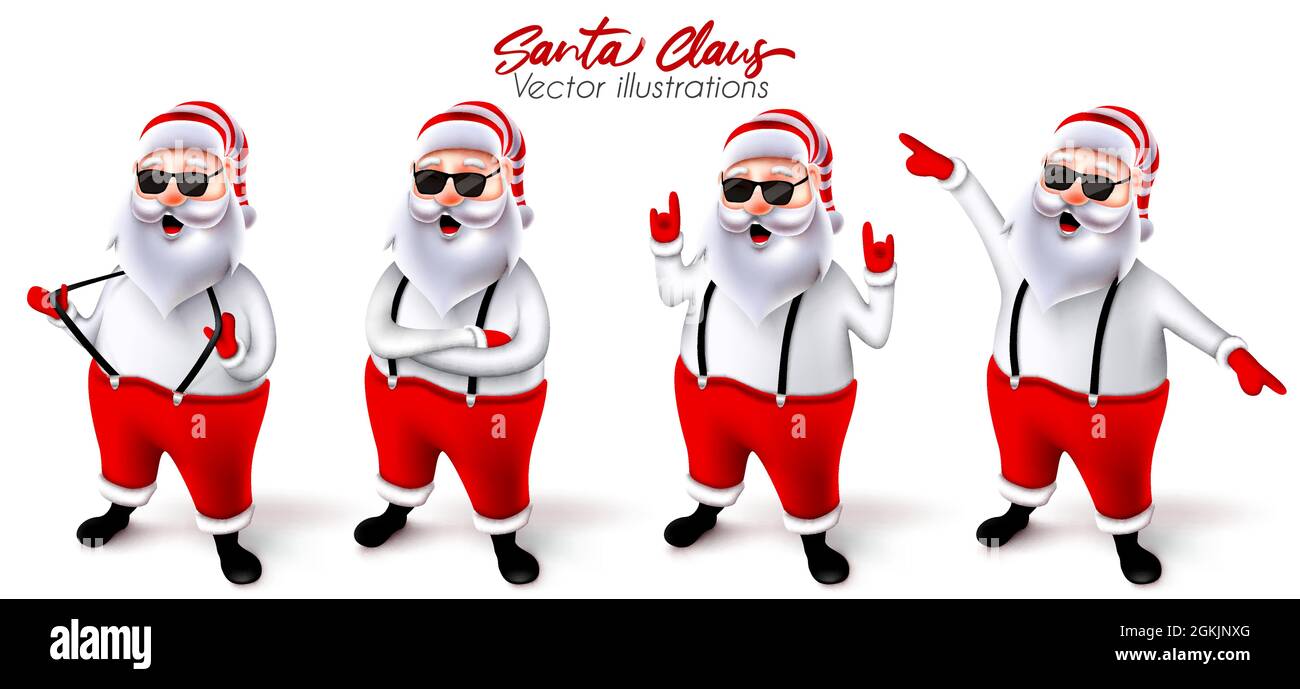 weihnachtsmann weihnachten Charakter Vektor-Set. Santa claus 3d-Figuren in cooler und fröhlicher Pose mit Rock n Roll und tanzenden Gesten für süße Weihnachten. Stock Vektor