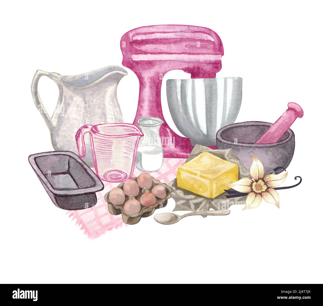 Baking Aquarell Set mit Küchenutensilien, Mixer, Schokolade, Topflappen, Löffel, Tonjag, Schneebesen auf weißem Hintergrund. Garen von Cliparts. Backen Stockfoto