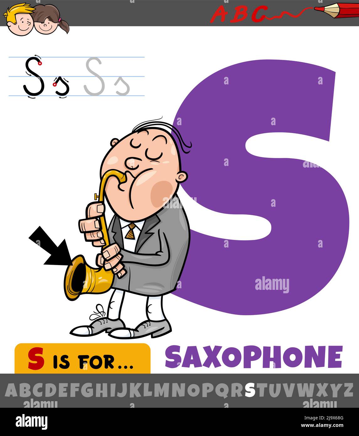 Pädagogische Cartoon-Illustration des Buchstabens S aus Alphabet mit Saxophon-Musikinstrument Stock Vektor