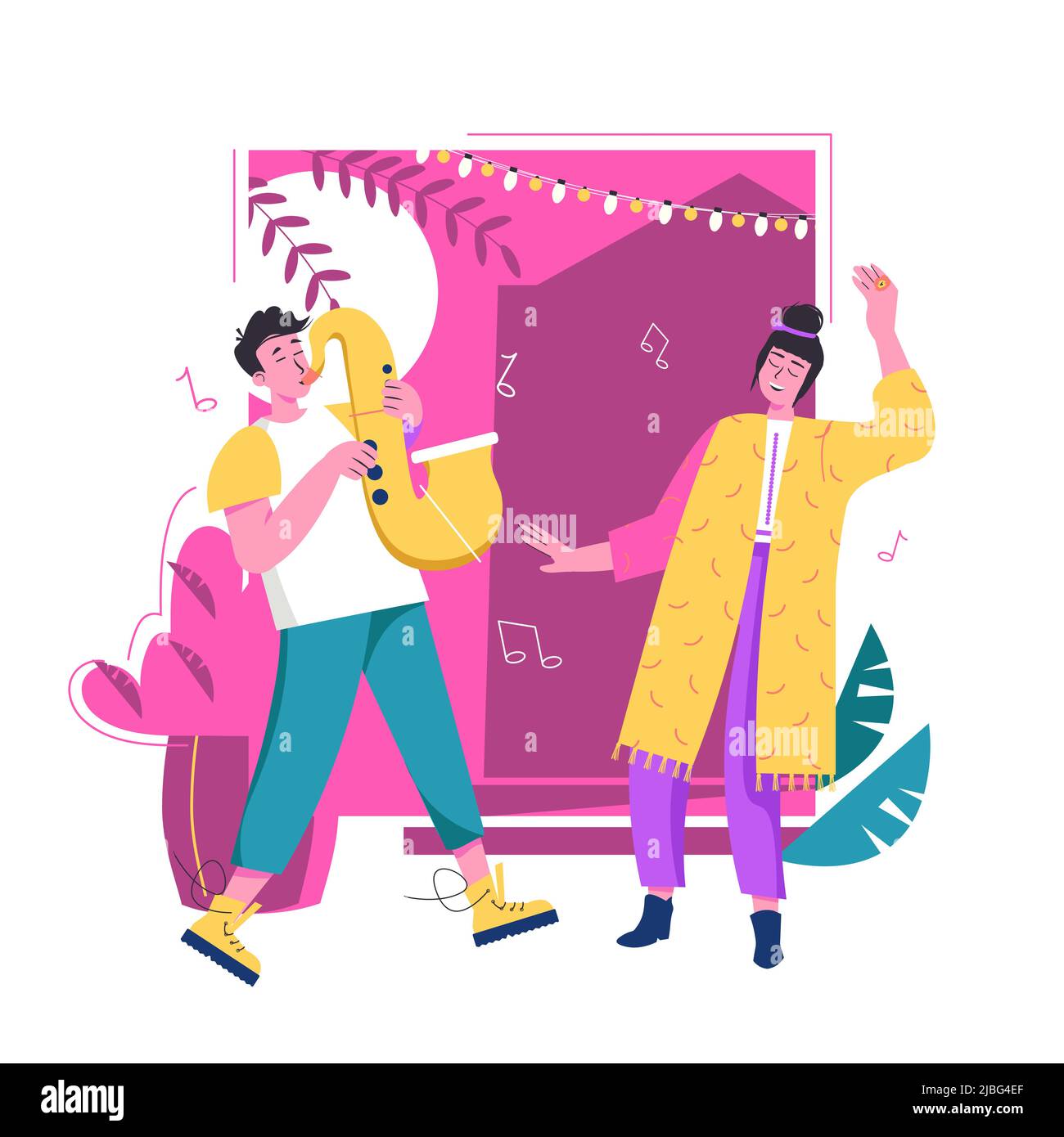 Menschen auf Hinterhof musikalische Party Vektor Illustration. Mann spielt Saxophon, Frau tanzt draußen. Cartoon Wohnung junge Freunde, Teenager haben Spaß und Freizeit am Hinterhof bbq Grillen Picknick Poster.. Stock Vektor