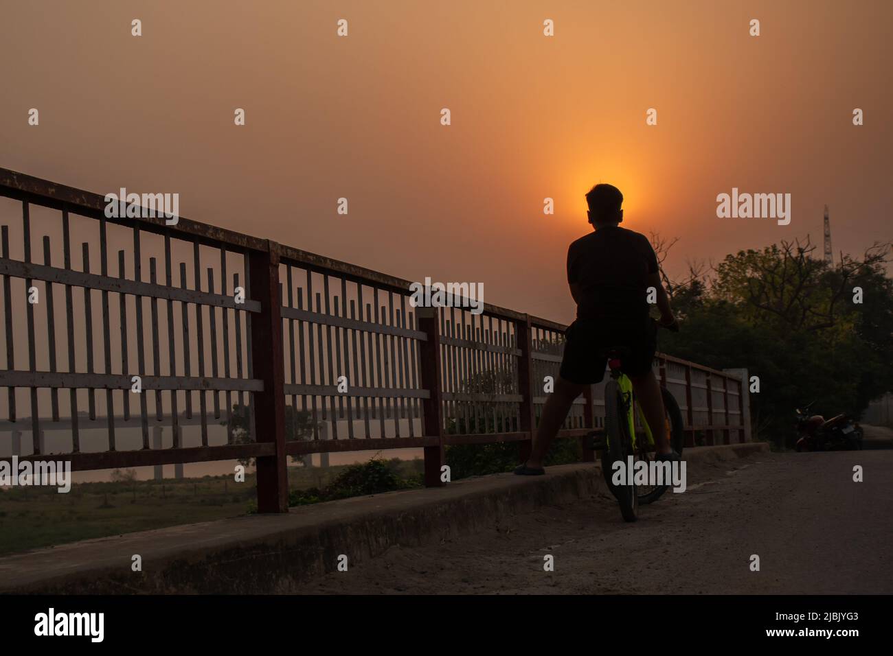 Ein alter indischer Mann, der Futter auf dem Fahrrad für seine Ketten trägt. Stockfoto