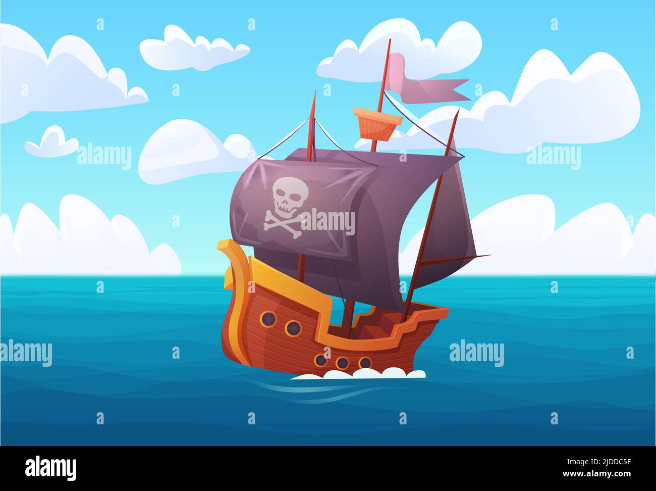 Fantasy-Abenteuer von Holzschiff mit Piratenflagge in Meereshafen Vektor-Illustration. Cartoon Meereslandschaft mit Freibeutern alte Galeone reisen, Suche nach goldenen Schatz durch Korsairs Hintergrund Stock Vektor