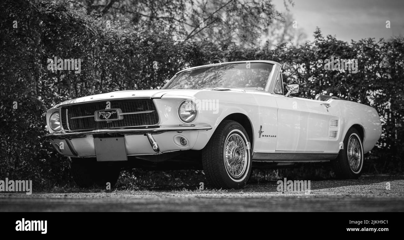 Ein alter Oldtimer Ford Mustang Cabrio Oldtimer im Freien Stockfoto