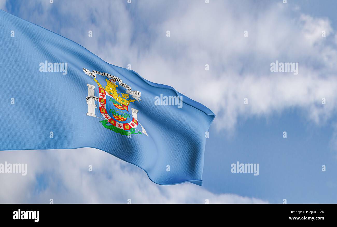 Nationalflagge Melilla auf dem Hintergrund der Wolken, Stoffflagge Melilla, blauer Himmel mit Melilla-Flagge, 3D Arbeit und 3D Bild Stockfoto