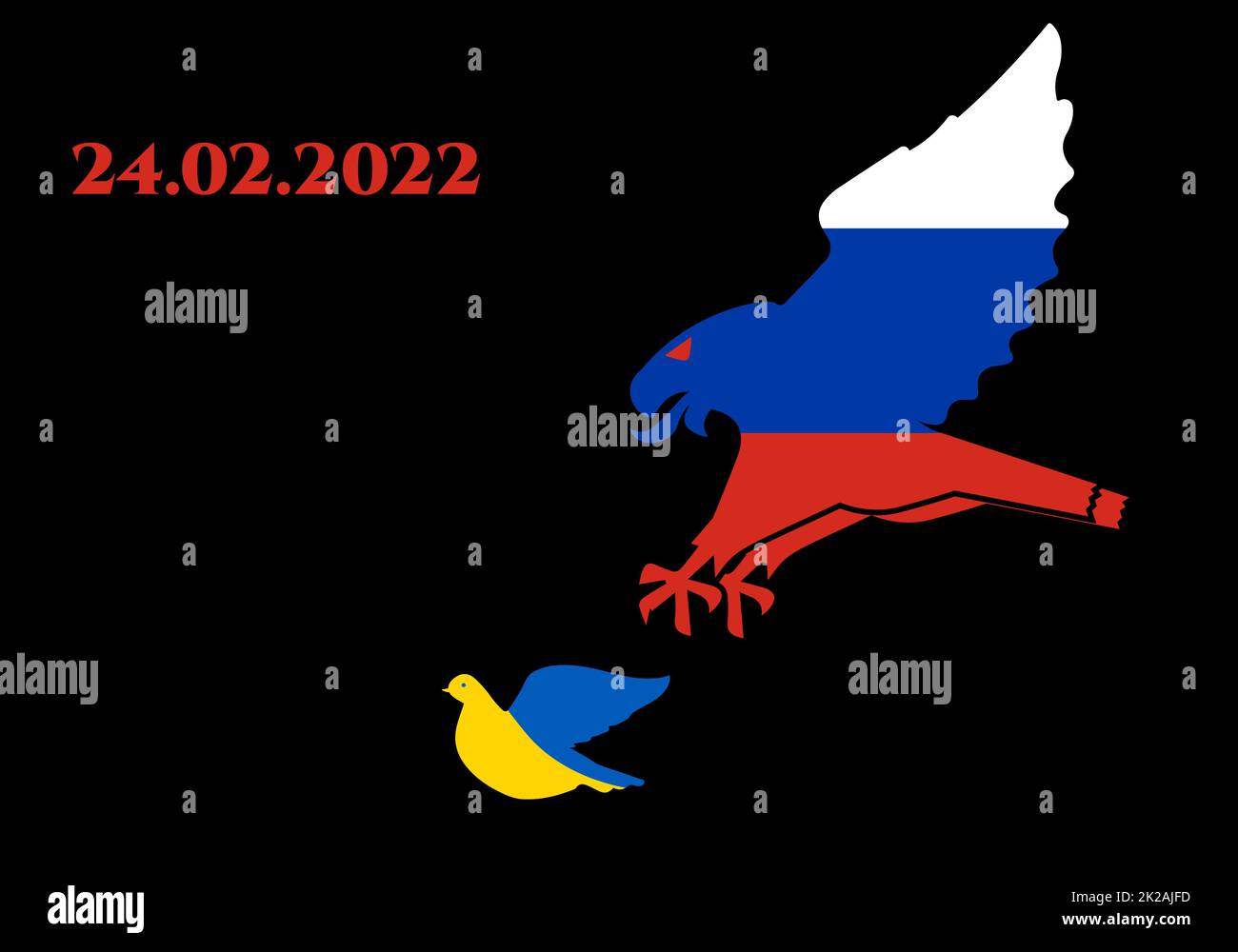 Russland greift in Form eines bösen Adlers die Ukraine in Form einer friedlichen Taube an. Angriffs-, Aggressions-, Besatzungs- und Völkermord einer Russischen Föderation gegen die Ukraine. Rette die Ukraine vor Russland. Stockfoto