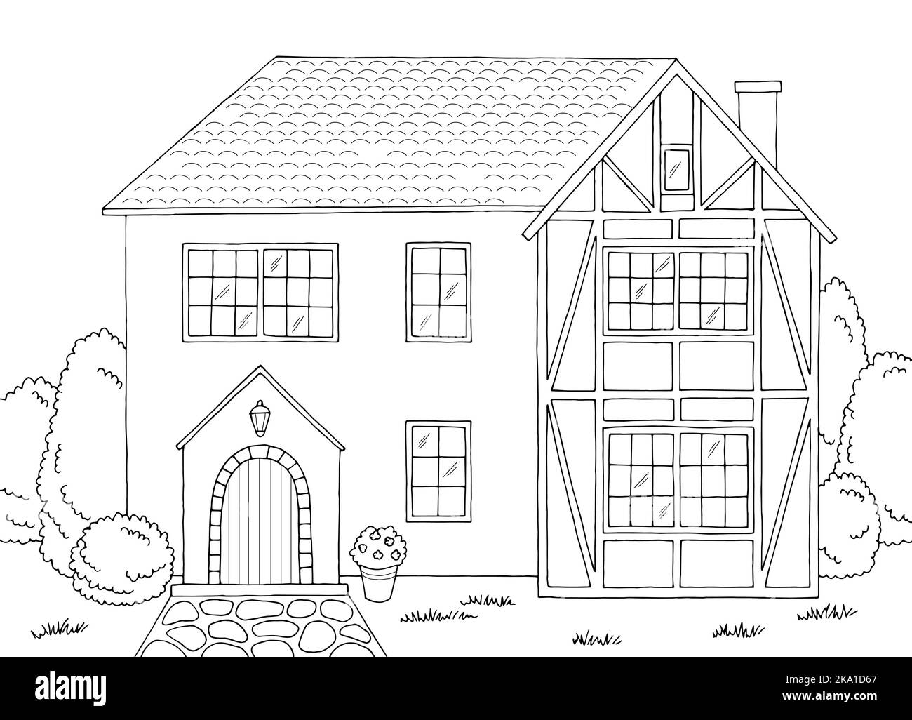 Alte englische Hausgrafik schwarz weiß Landschaft Skizze Illustration Vektor Stock Vektor