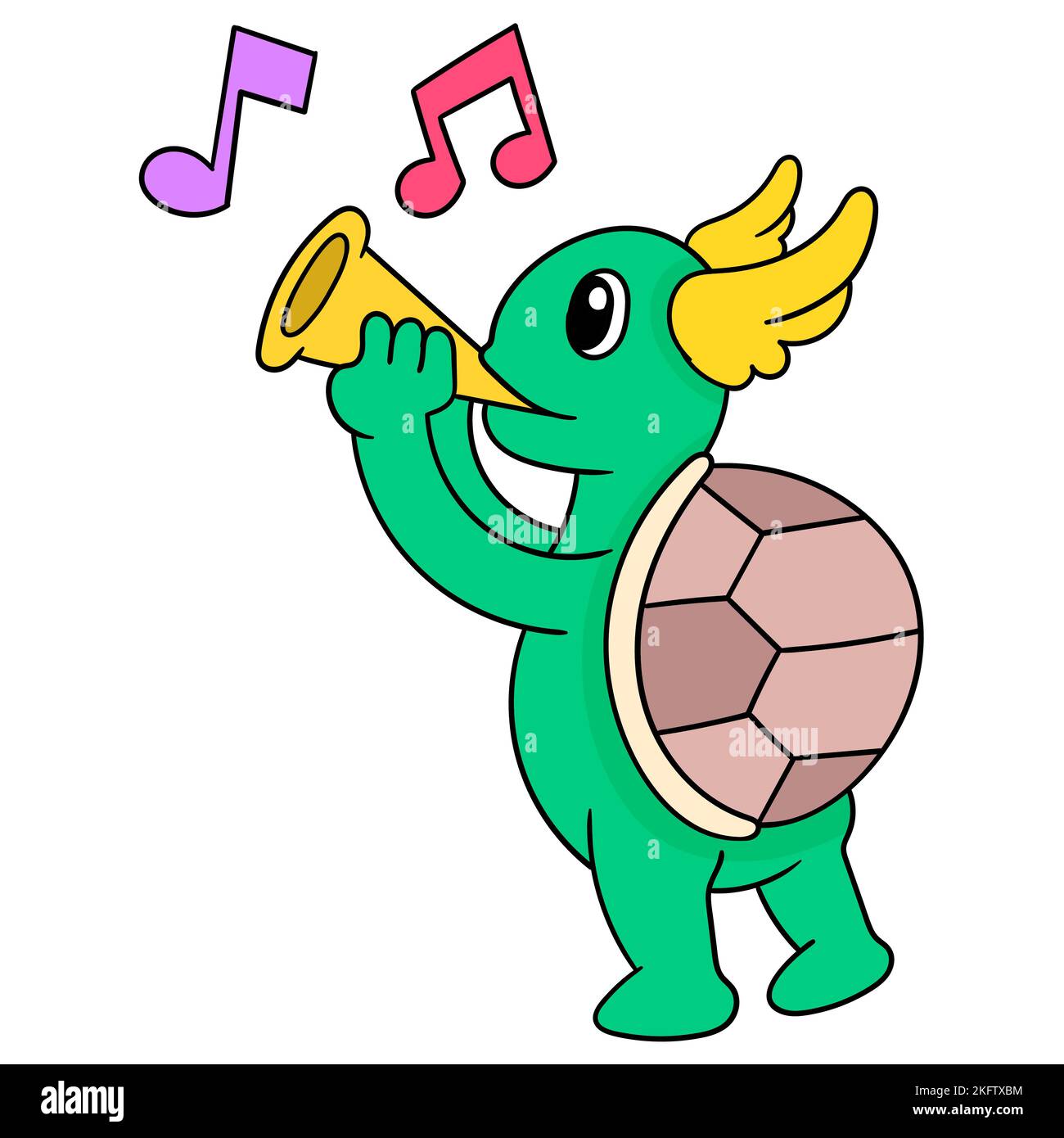 Eine Kritzelvektordarstellung einer Cartoon-Schildkröte, die auf einem melodiösen Saxophon spielt Stock Vektor