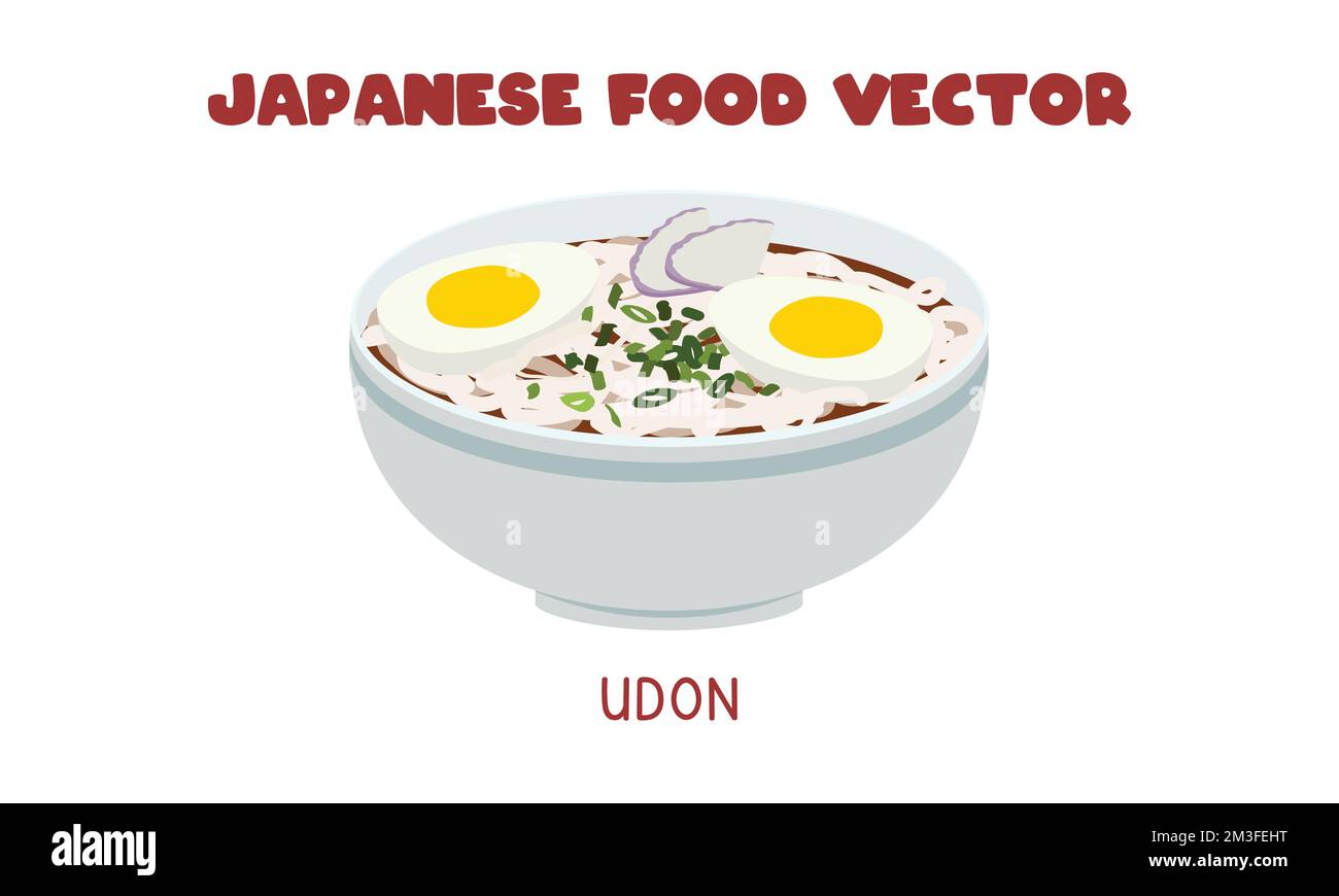 Japanische Udon-Nudelsuppe, flacher Vektor-Clipart-Cartoon. Asiatisches Essen. Japanische Küche. Japanisches Essen Stock Vektor