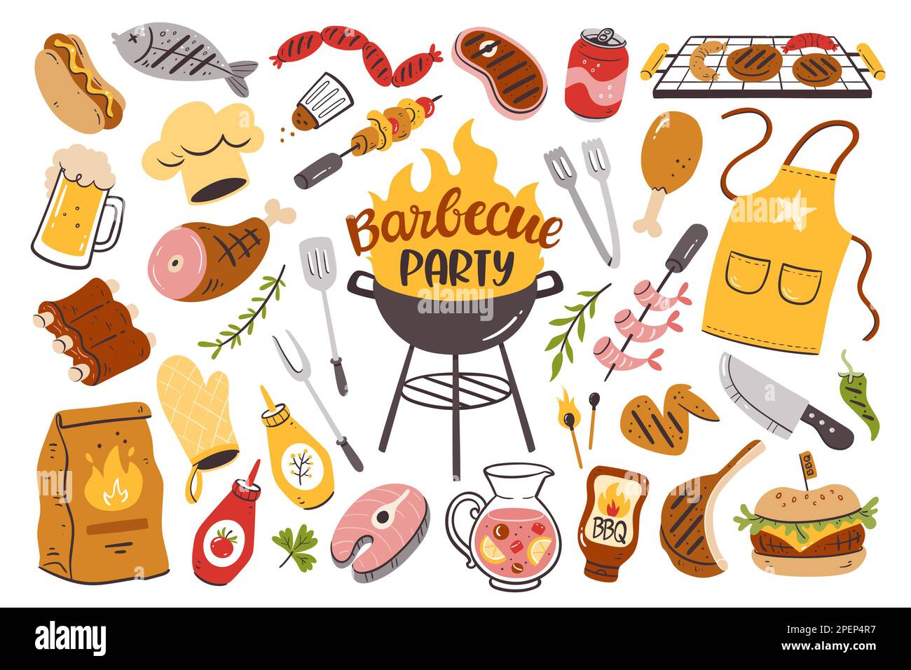 Hintergrund für Barbecue-Partys mit Fleisch, Burgern, Würstchen und Barbecue-Utensilien. Kollektion mit 35 farbenfrohen Elementen des grills, isoliert auf Weiß. Handgezogene VEC Stockfoto