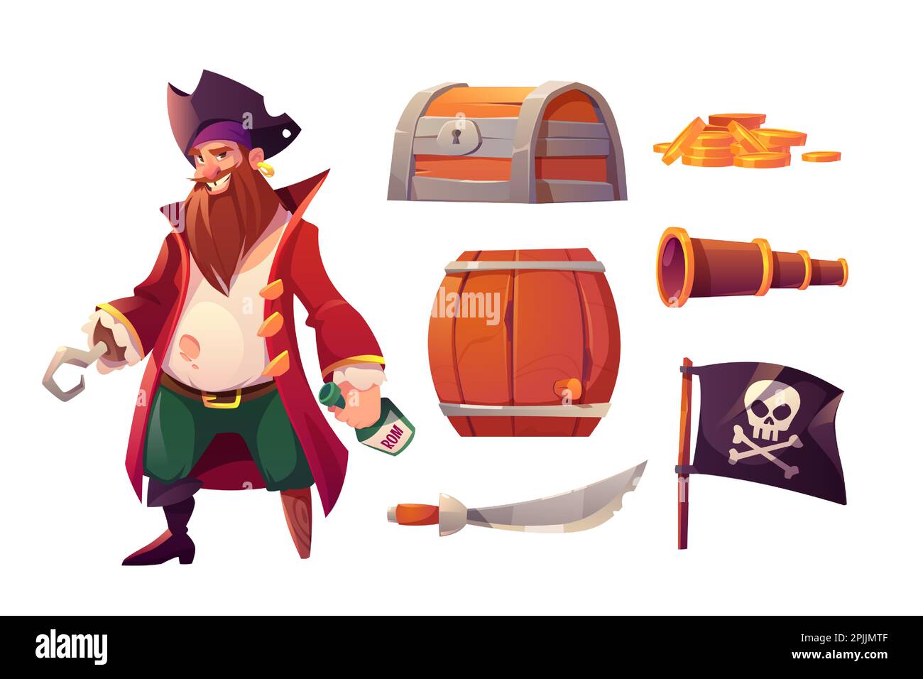 Vektorsymbole von Piraten, Schatzkisten, Goldmünzen, Fass und schwarzer Flagge mit Schädel und Kreuzknochen für das Schiff. Cartoon corsair mit Haken und Holzfuß mit einer Flasche Rum, Waffe und Fernglas Stock Vektor