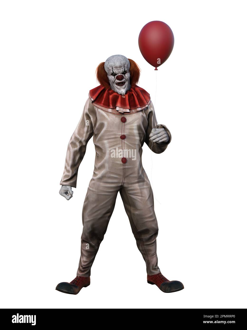 Gruseliger Clown in rot-weißen Kostümen mit Ballon, der mit bösem Grinsen in die Kamera schaut. 3D-Abbildung isoliert auf weißem Hintergrund. Stockfoto