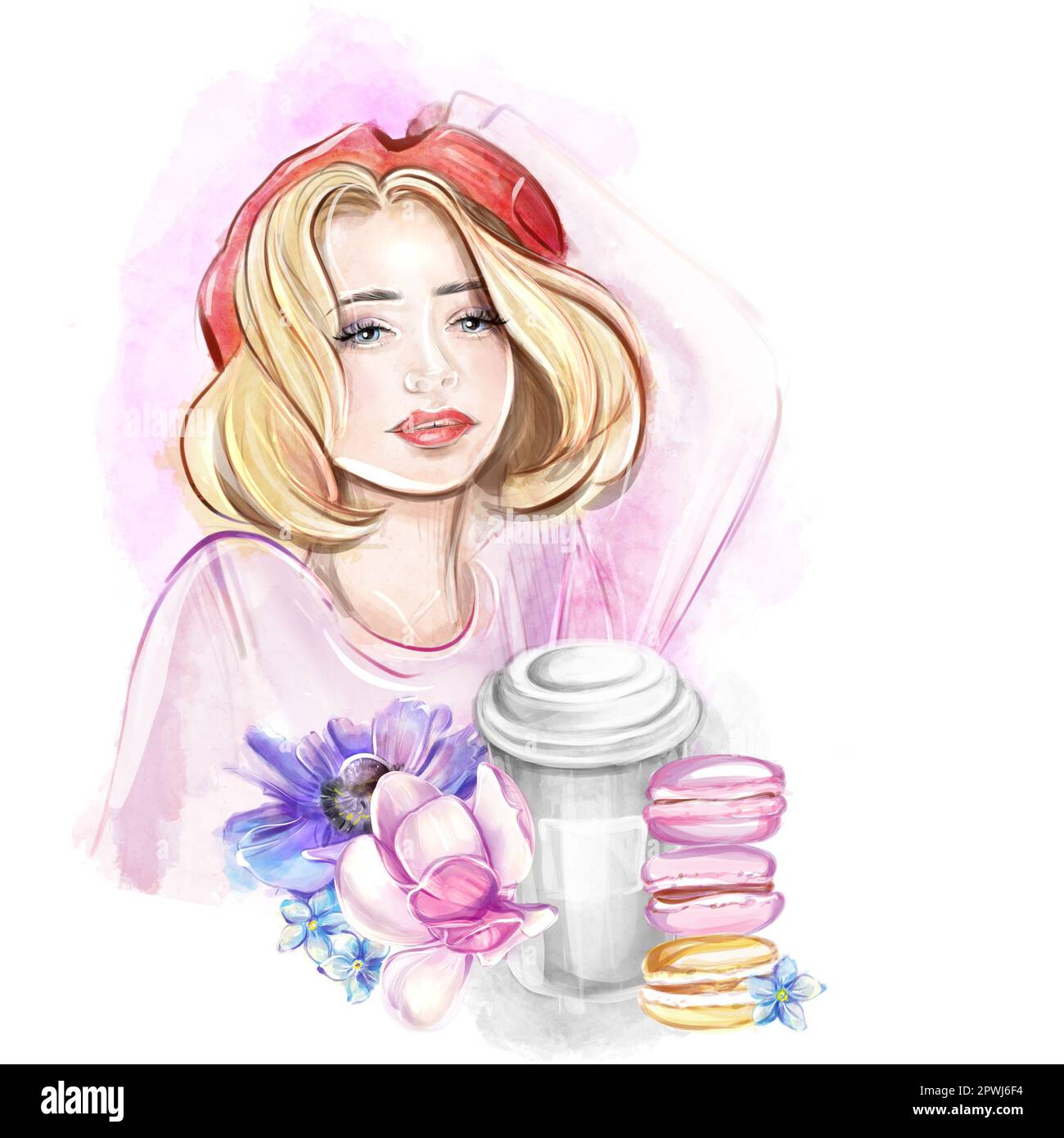 Aquarell-Darstellung einer blonden Frau in einer roten Baskenmütze mit Kaffee und Makronen. Französisches Frühstück, Bäckerei. Romantische Reise nach Frankreich, Höhepunkt für Bann Stockfoto