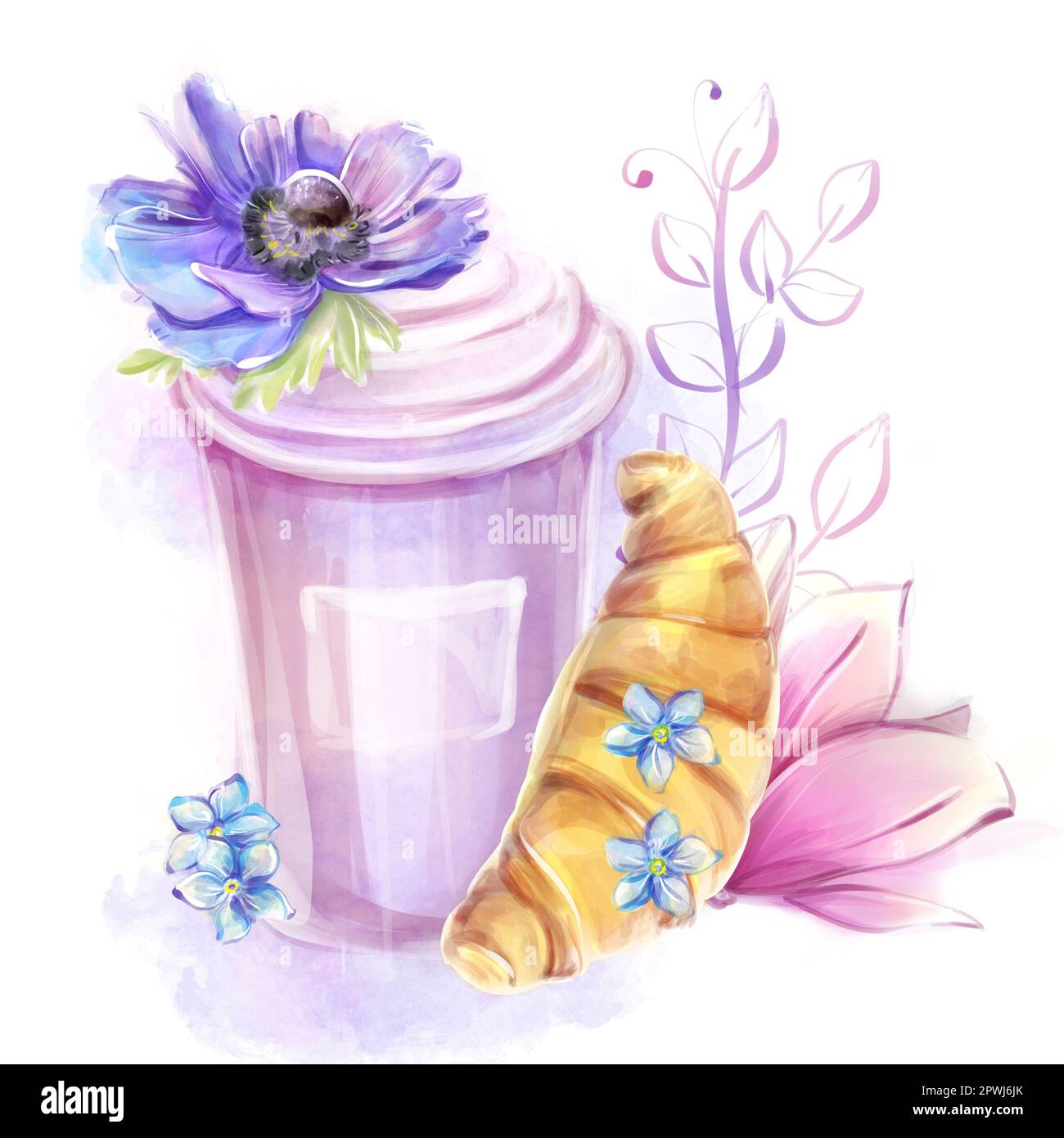 Aquarelldarstellung. Französisches Frühstück, Gebäck. Pappbecher mit Kaffee und Croissants. Magnolien und Anemonen. Romantische Reise nach Frankreich, Höhepunkt für B Stockfoto