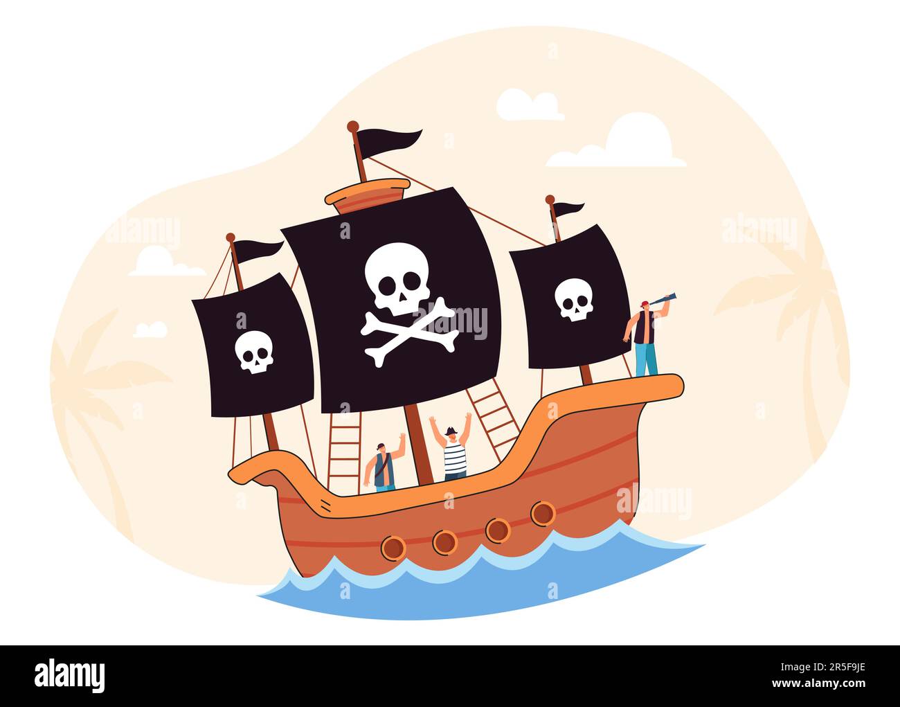 Cartoon-Piraten segeln mit der schwarzen Flagge von Jolly Roger Stock Vektor