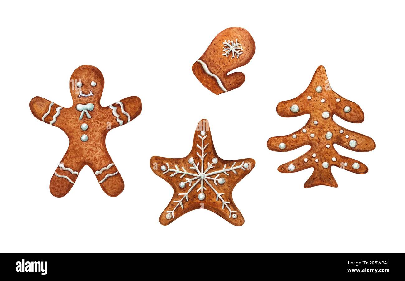 Aquarelle weihnachtliche Lebkuchen-Kekse mit weißer Glasur, isoliert auf weißem Hintergrund. Traditionelles Weihnachtsgebäck. Stockfoto