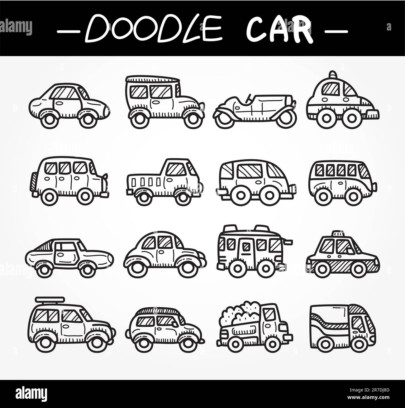 doodle Cartoon-Auto-Icon-Set Stock Vektor