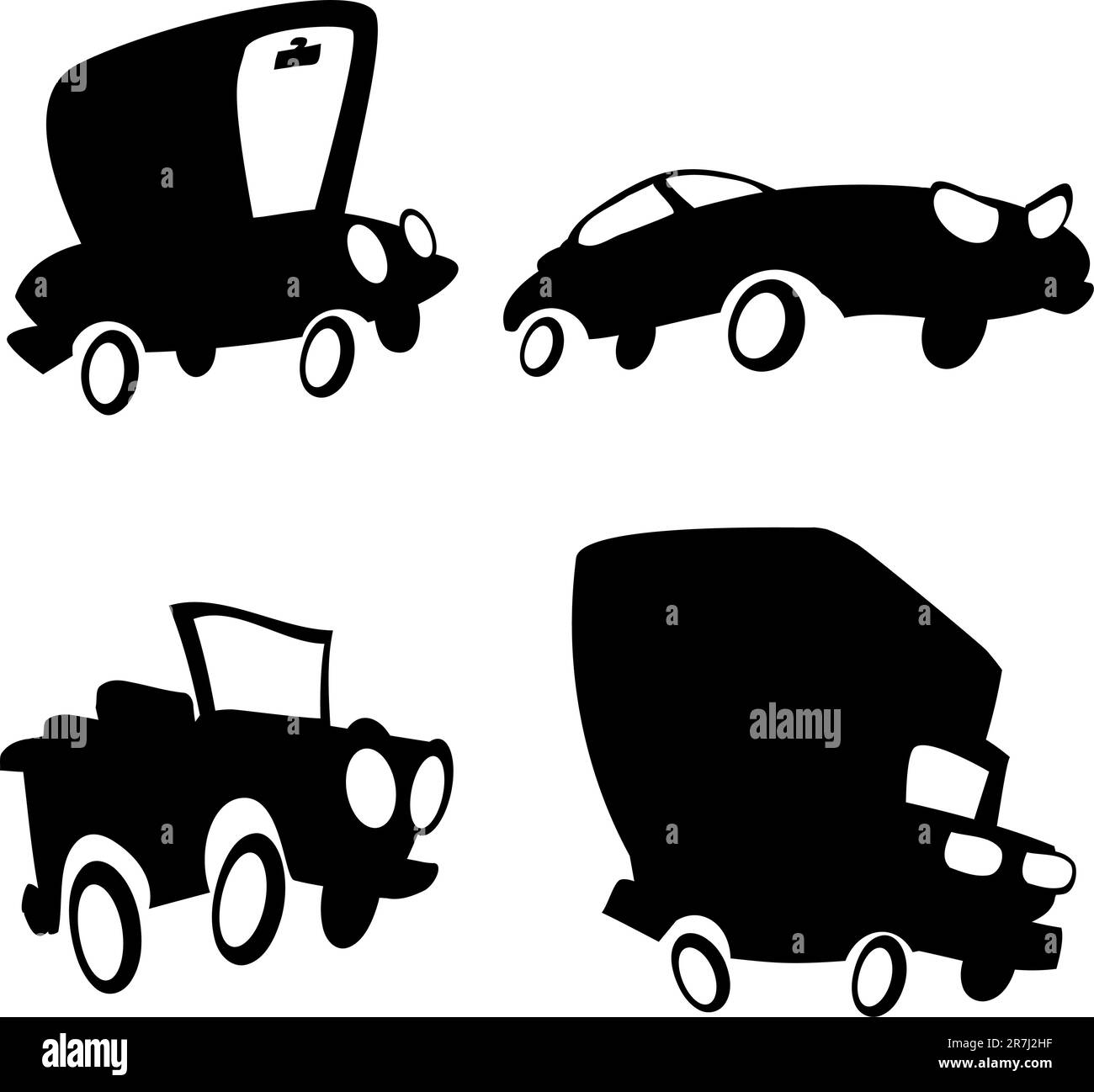 Cartoon-Autos in Silhouette. Ein Truck, ein Jeep, eine Limousine und ein Sportwagen Stock Vektor