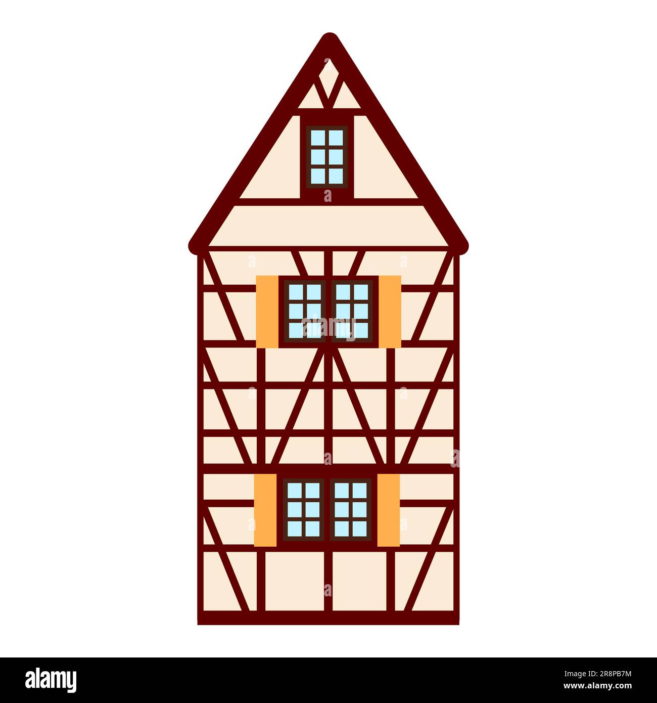 Altes deutsches Haus mit roten Holzbalken. Beige und braune Fachwerkgebäude. Flache Fassaden von europäischen Rahmenhäusern, Hütten. Stock Vektor