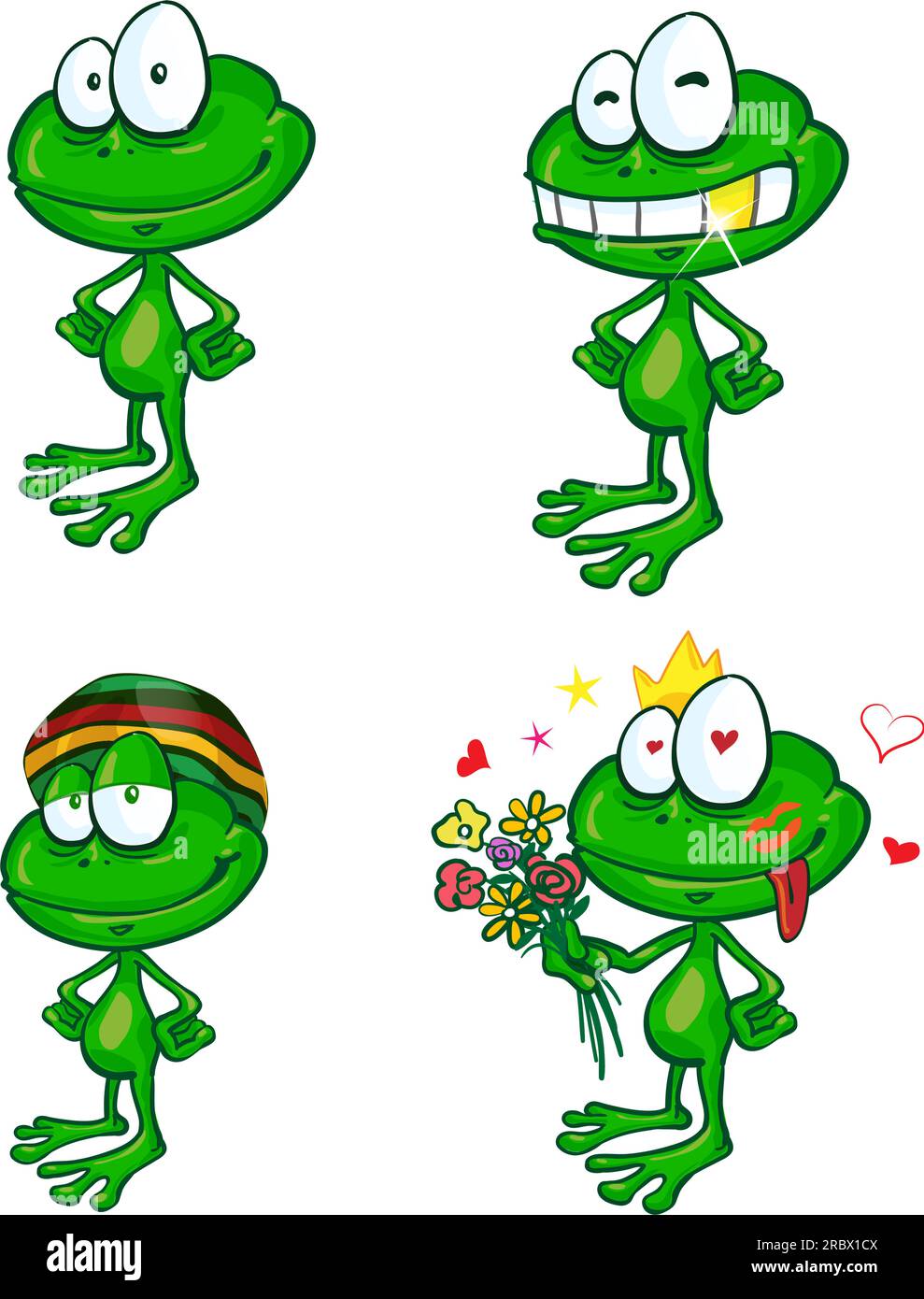 Illustration eines Sets süßer grüner Frosch-Zeichentrickfilme Stock Vektor