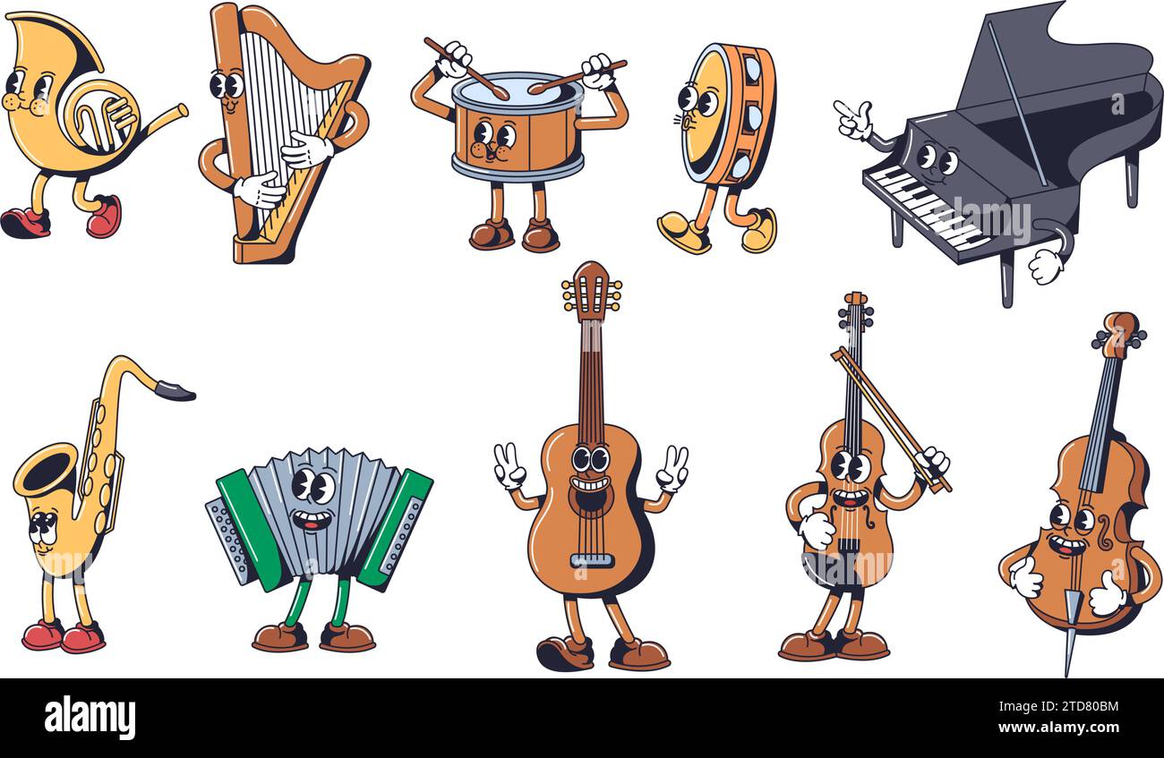 Maskottchen für Musikinstrumente. Verspielte Musikfiguren im Gummischlauch-Stil der 1930er Jahre. Retro-Konzept Vektor-Illustration Set Stock Vektor