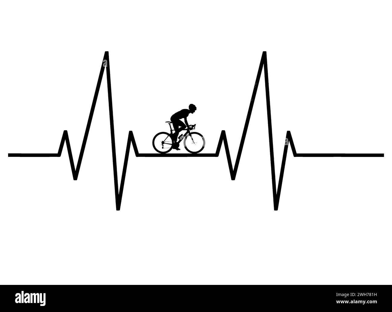 Ein Radfahrer auf seinem Fahrrad ist auf einer EKG-Graphlinie in dieser Abbildung über Sport und Herzgesundheit zu sehen. Stockfoto